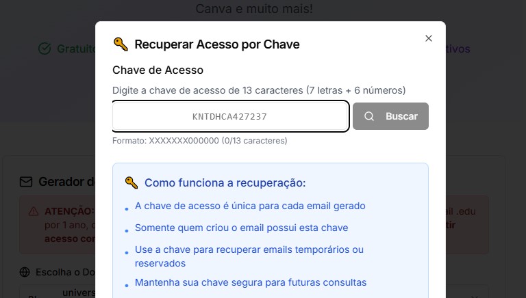 EmailEstudante.com.br - Recuperar email com chave de acesso