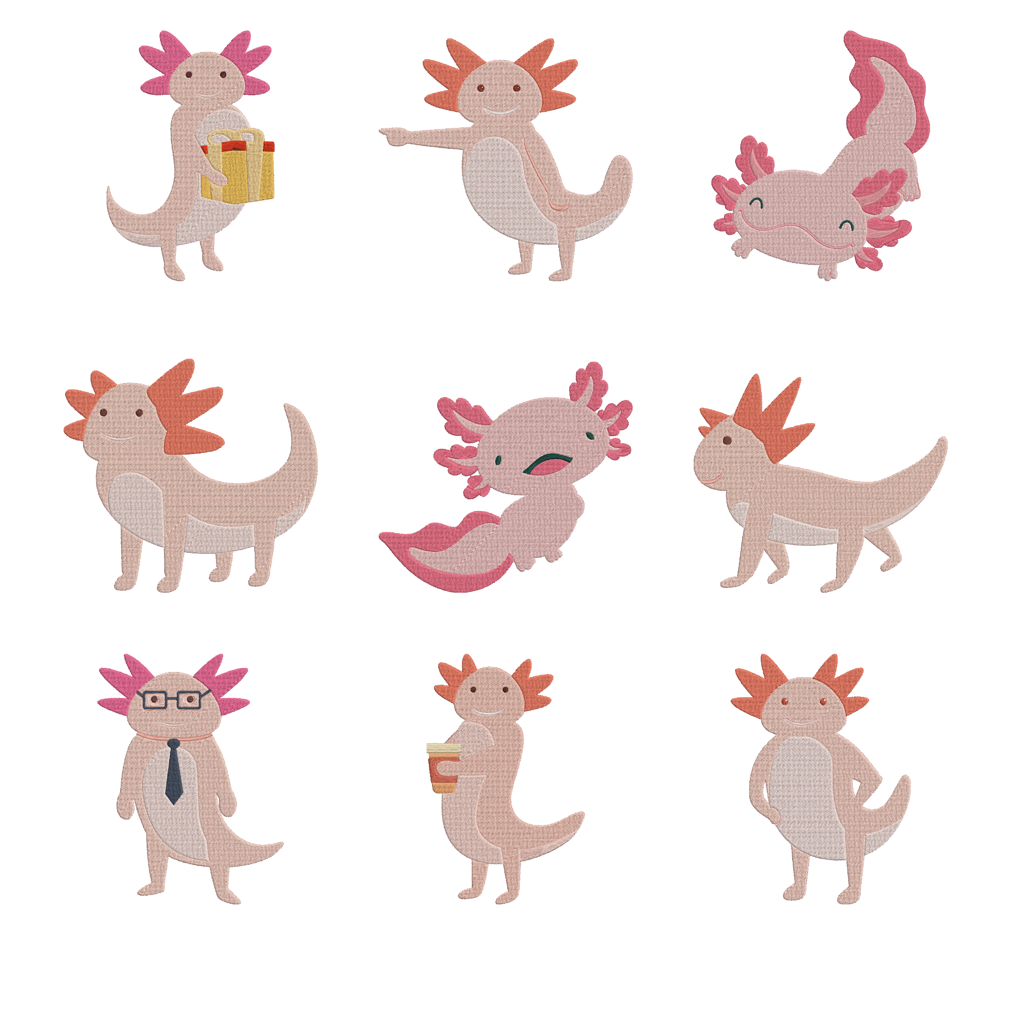 Cute Axolotl Machine Embroidery Design Bundle | Kawaii Animal Files