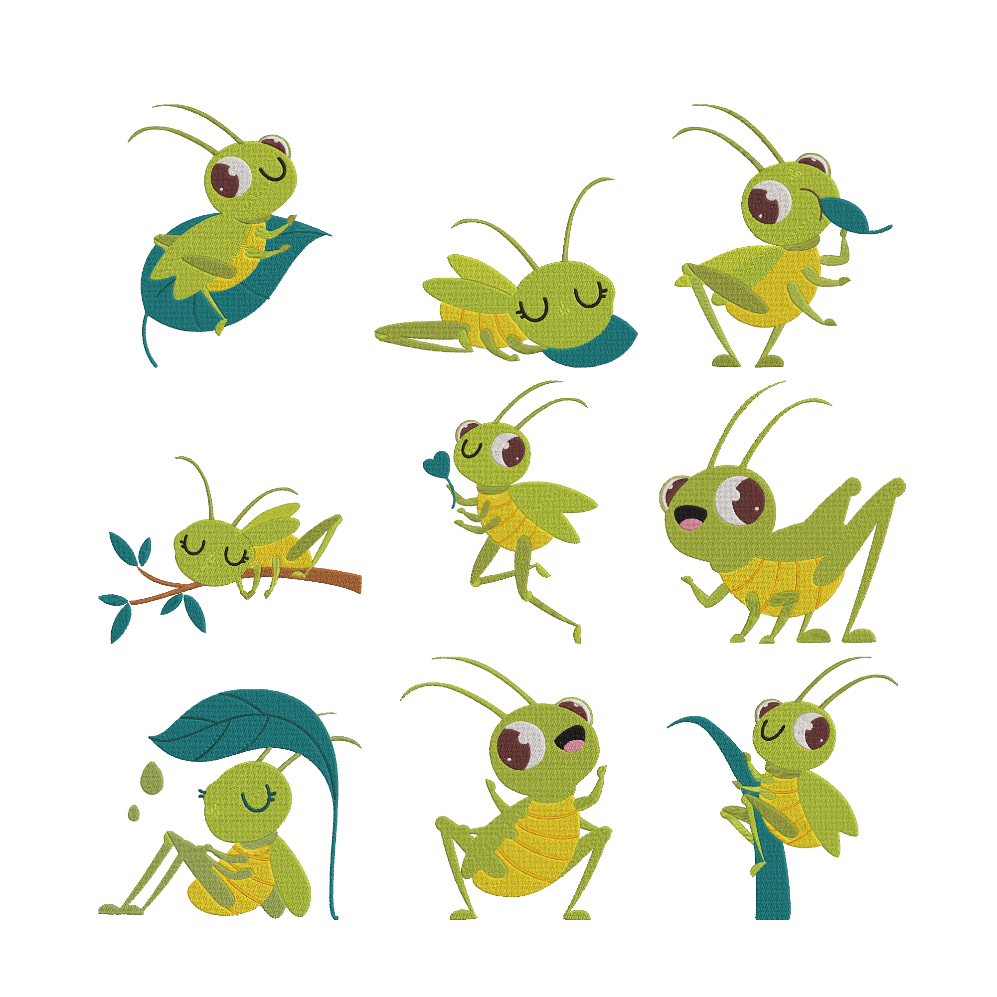 Grasshopper Embroidery Bundle, Cute Insect Machine Embroidery Files, 9 Designs, Instant Download