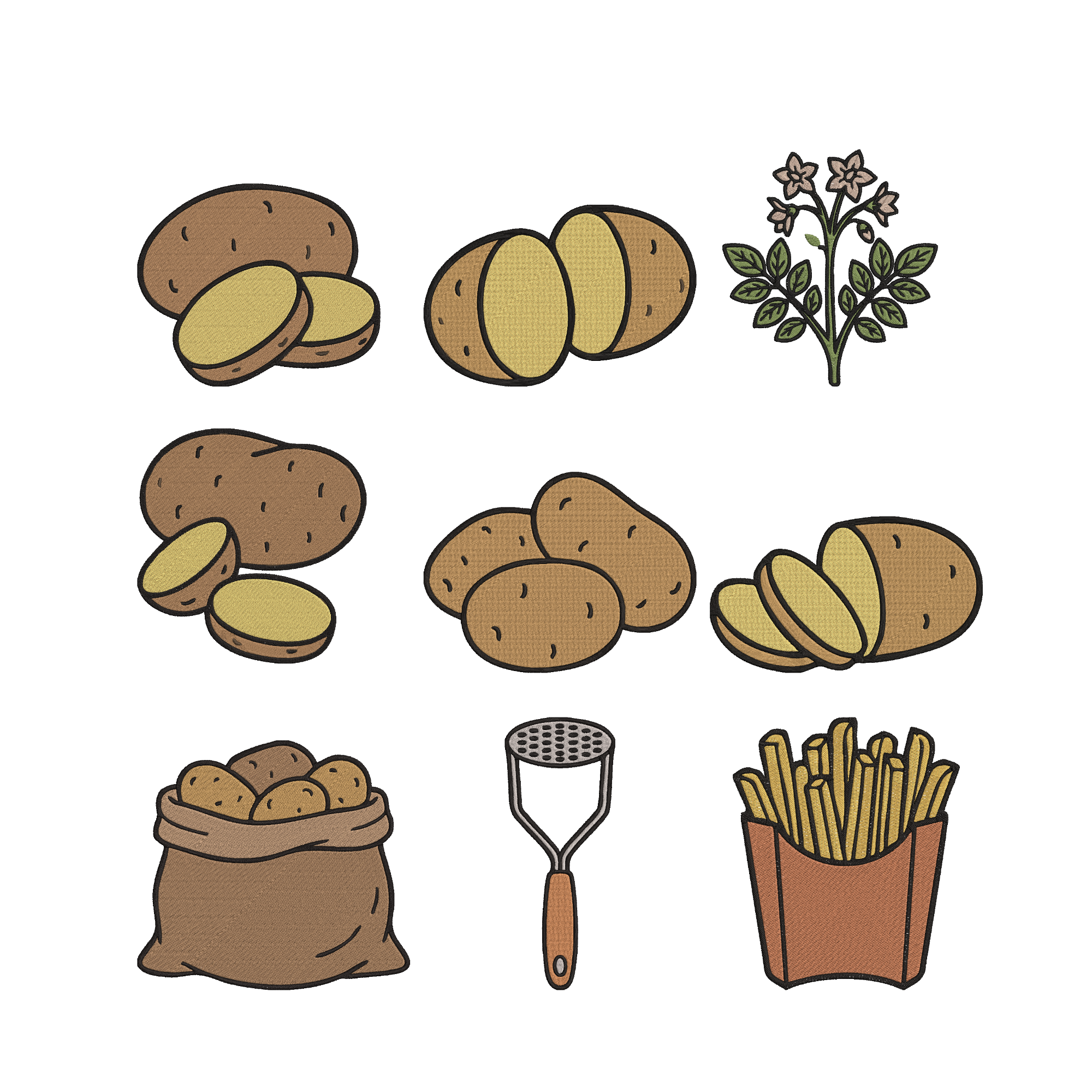 Potato Embroidery Bundle, Cute Potato Vegetable Machine Embroidery Design Files, French Fries Kitchen Food Embroidery, Instant Download