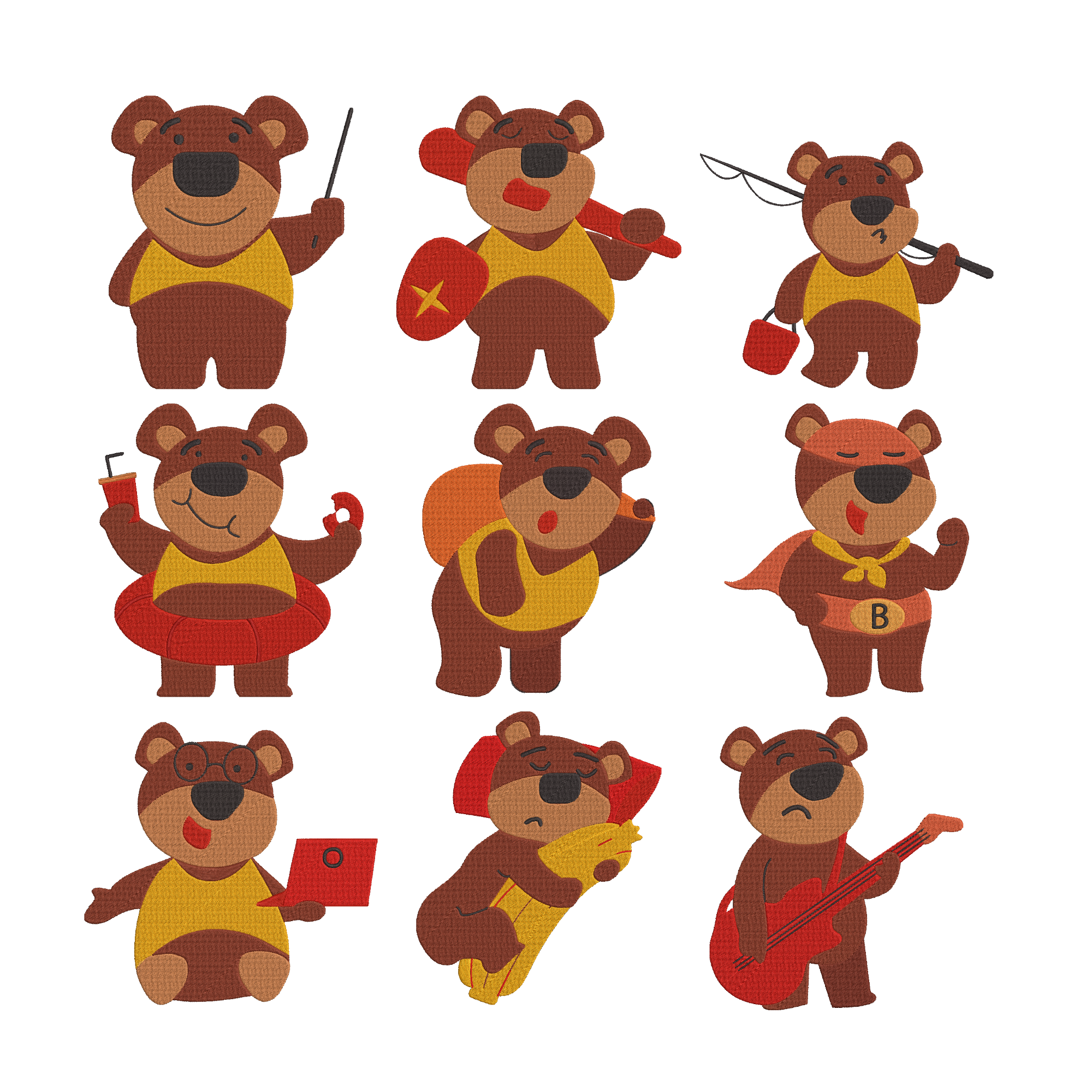 Bear Embroidery Bundle, Cute Bear Character Machine Embroidery Design Files, Funny Animal Bear Embroidery, Instant Download