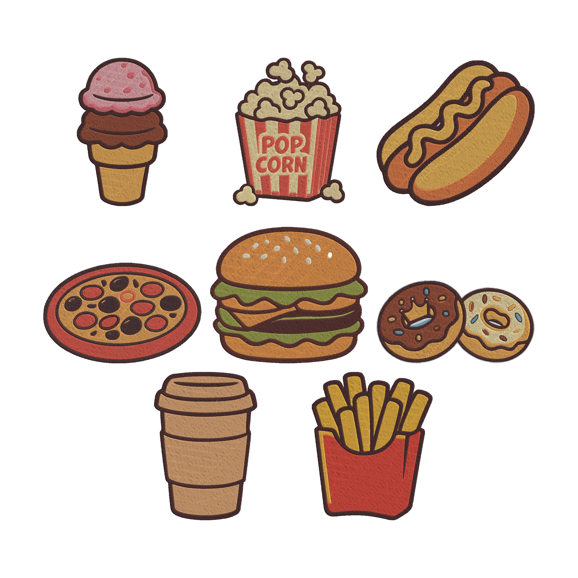 Fast Food Embroidery Bundle, Burger Pizza Fries Machine Embroidery Design Files, Snack Food Embroidery Set, Instant Download