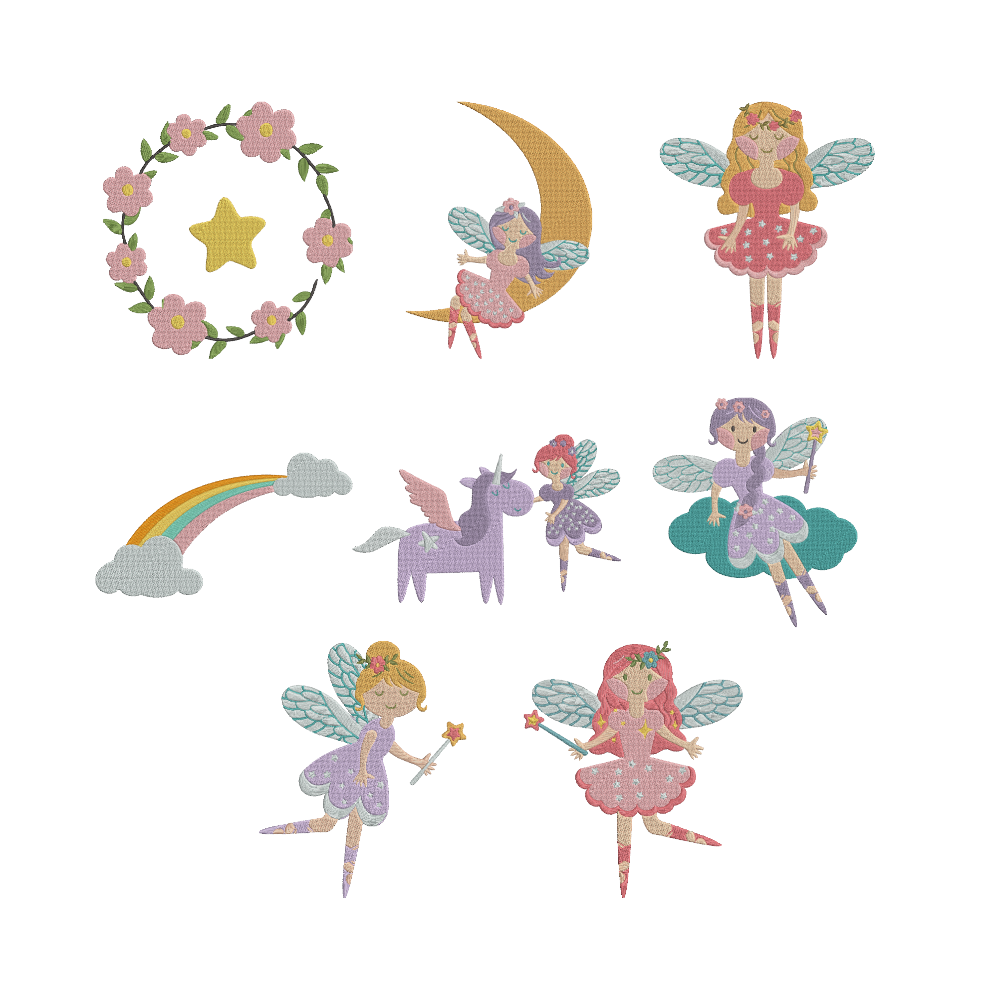 Fairy Embroidery Bundle, Cute Fairy Machine Embroidery Design, Unicorn Rainbow Floral Fairy Files, 8 Designs, Instant Download