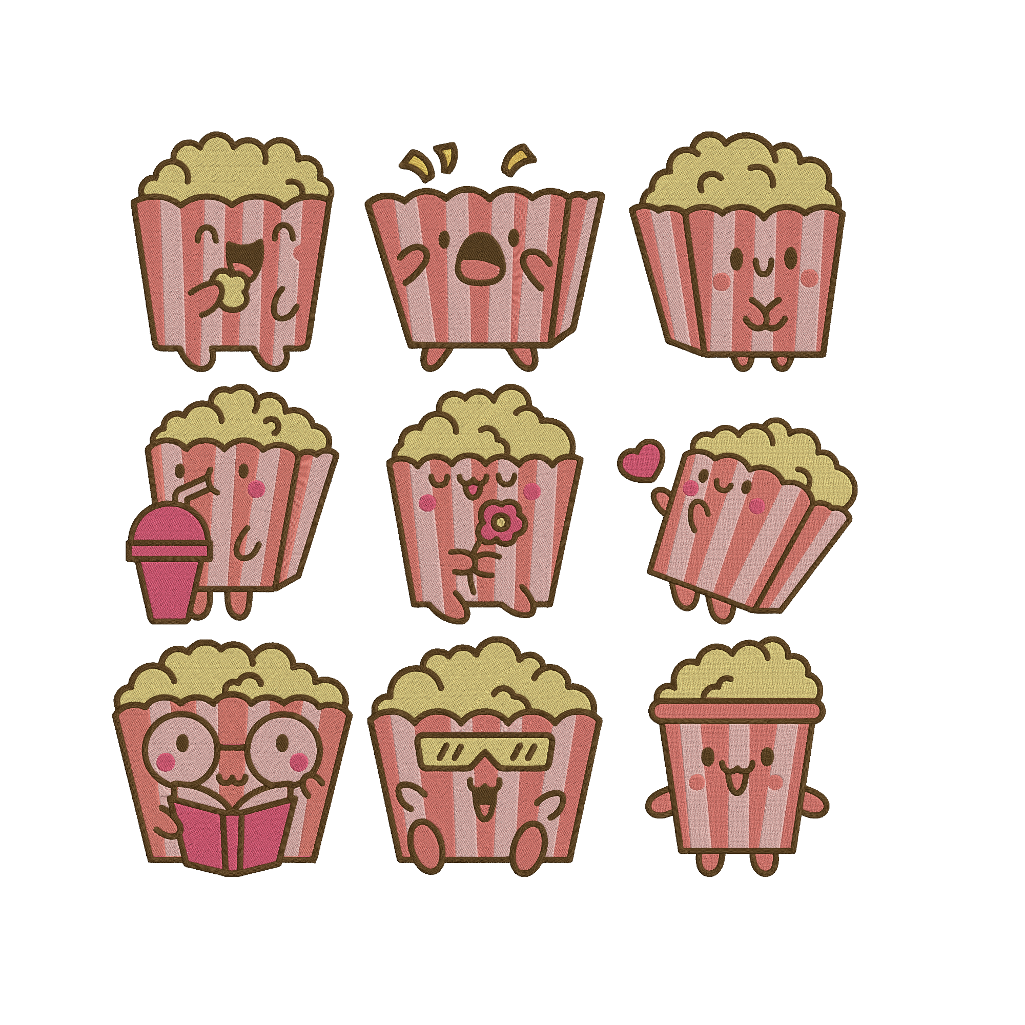 Cute Popcorn Embroidery Bundle, Kawaii Popcorn Machine Embroidery Design, Cartoon Snack Embroidery Files, 9 Designs, Instant Download