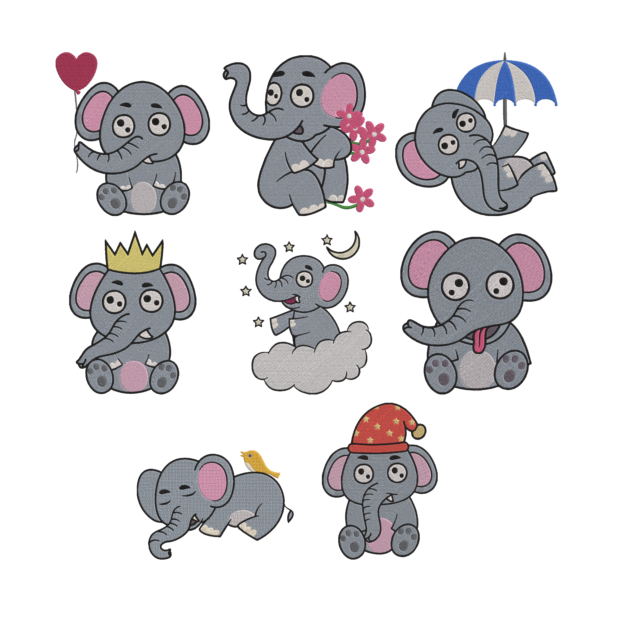 Cute Elephant Embroidery Bundle, Baby Elephant Machine Embroidery Design, Kawaii Elephant Embroidery Files, 8 Designs, Instant Download