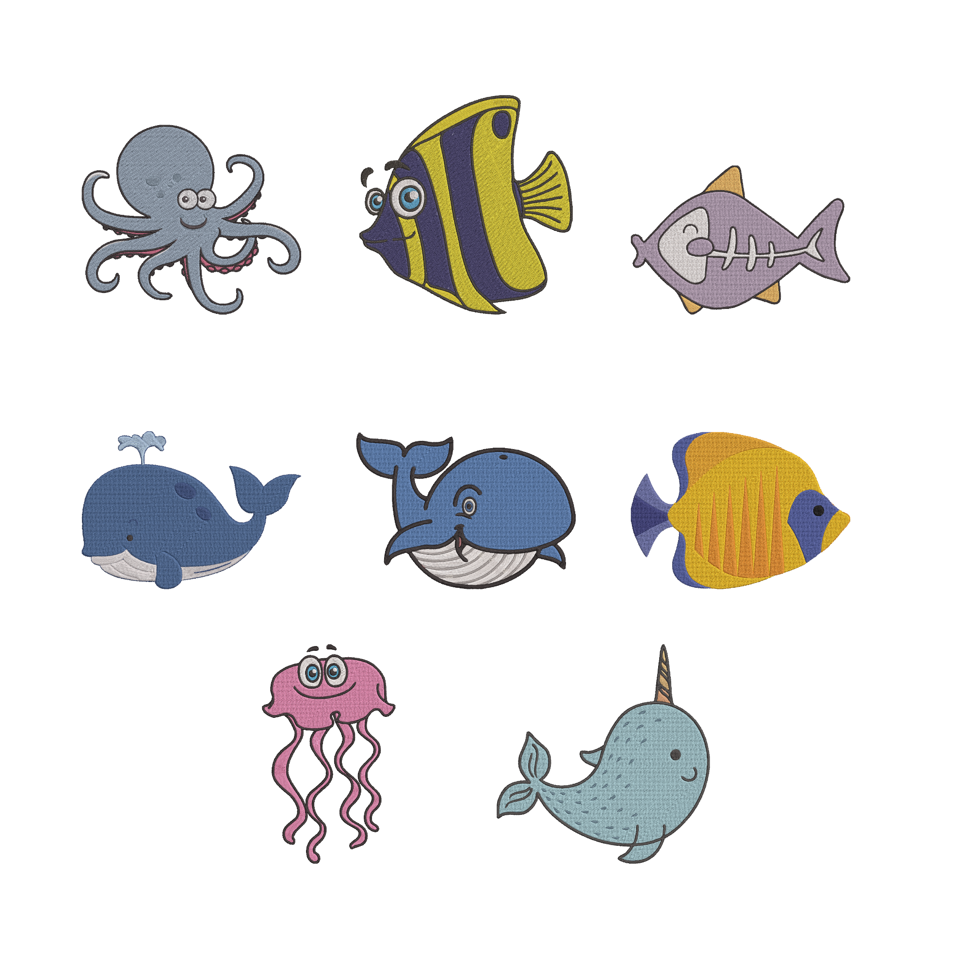 Sea Animal Embroidery Design Bundle, Cute Ocean Life Machine Embroidery Files, Whale Fish Octopus Jellyfish Narwhal, Instant Download