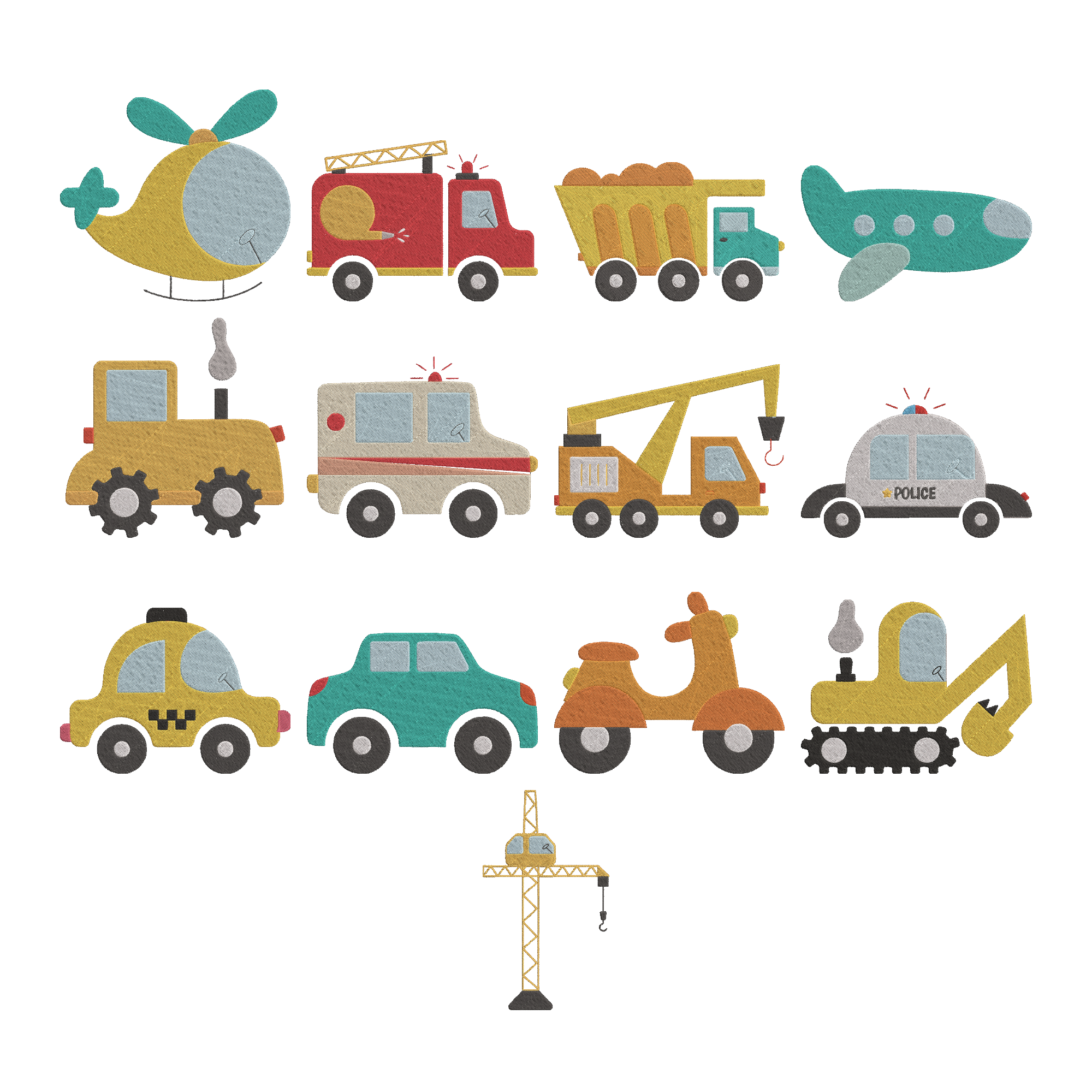 Vehicle Embroidery Design Bundle, Cute Transport Machine Embroidery Files, Car Truck Plane Helicopter Construction Design, Instant Download