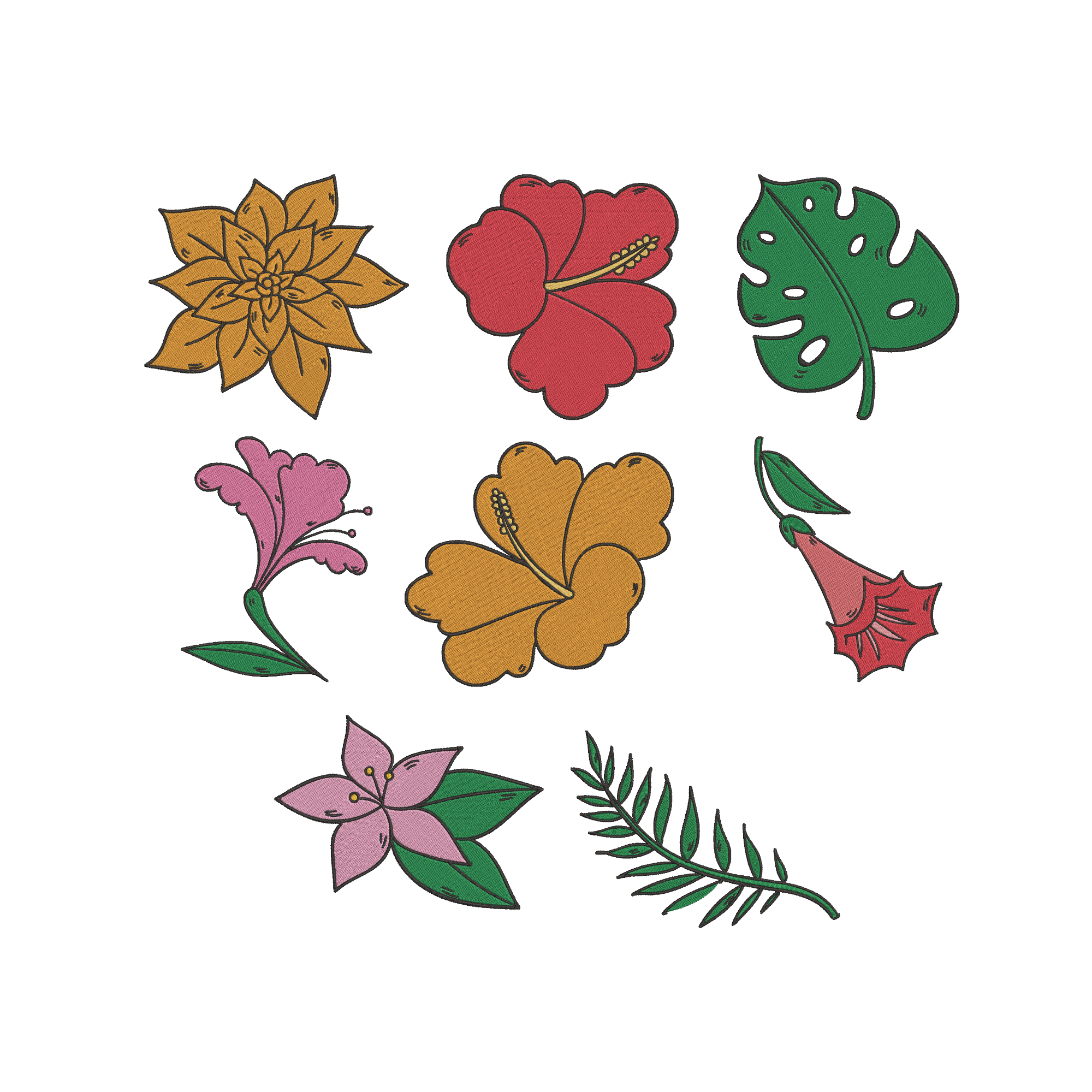 Tropical Flower Embroidery Bundle, Hibiscus Monstera Floral Embroidery Design, Botanical Summer Embroidery Files, Instant Download