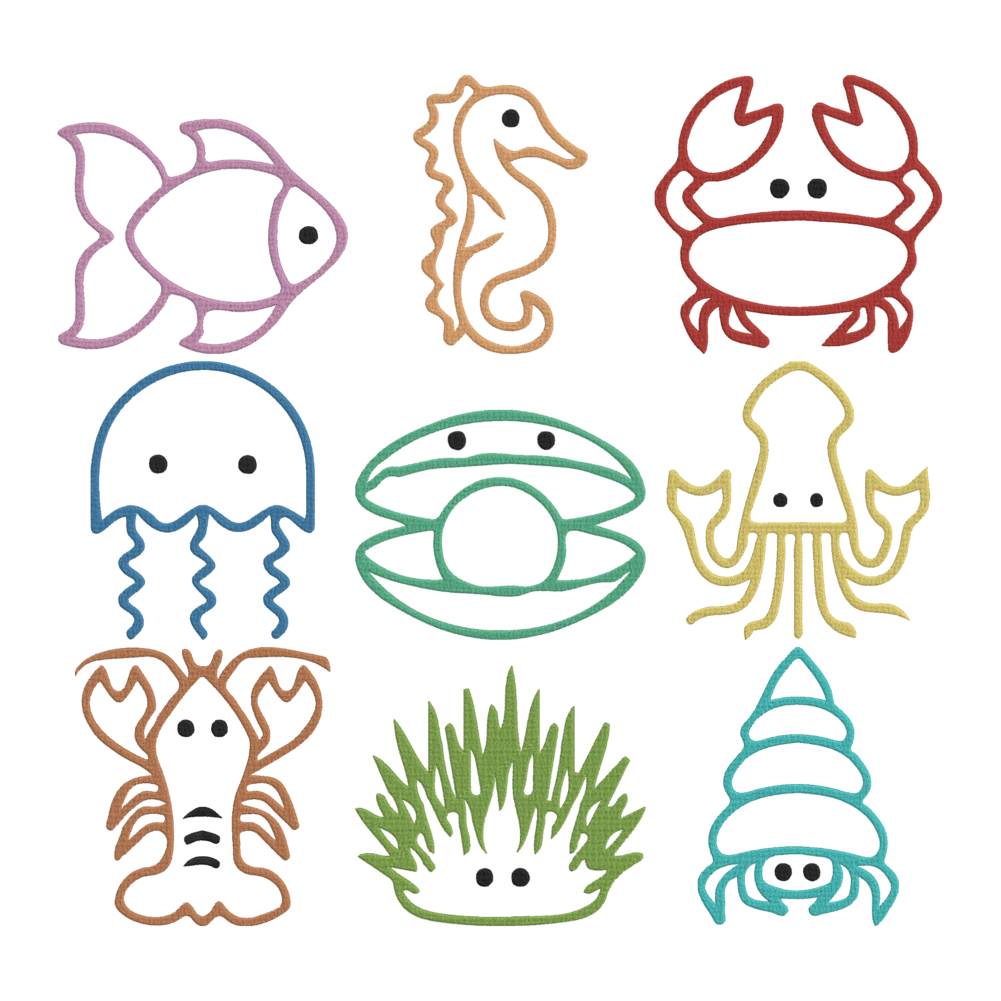 Ocean Animal Embroidery Bundle, Sea Creature Outline Embroidery Design, Cute Marine Life Machine Embroidery Files, Instant Download