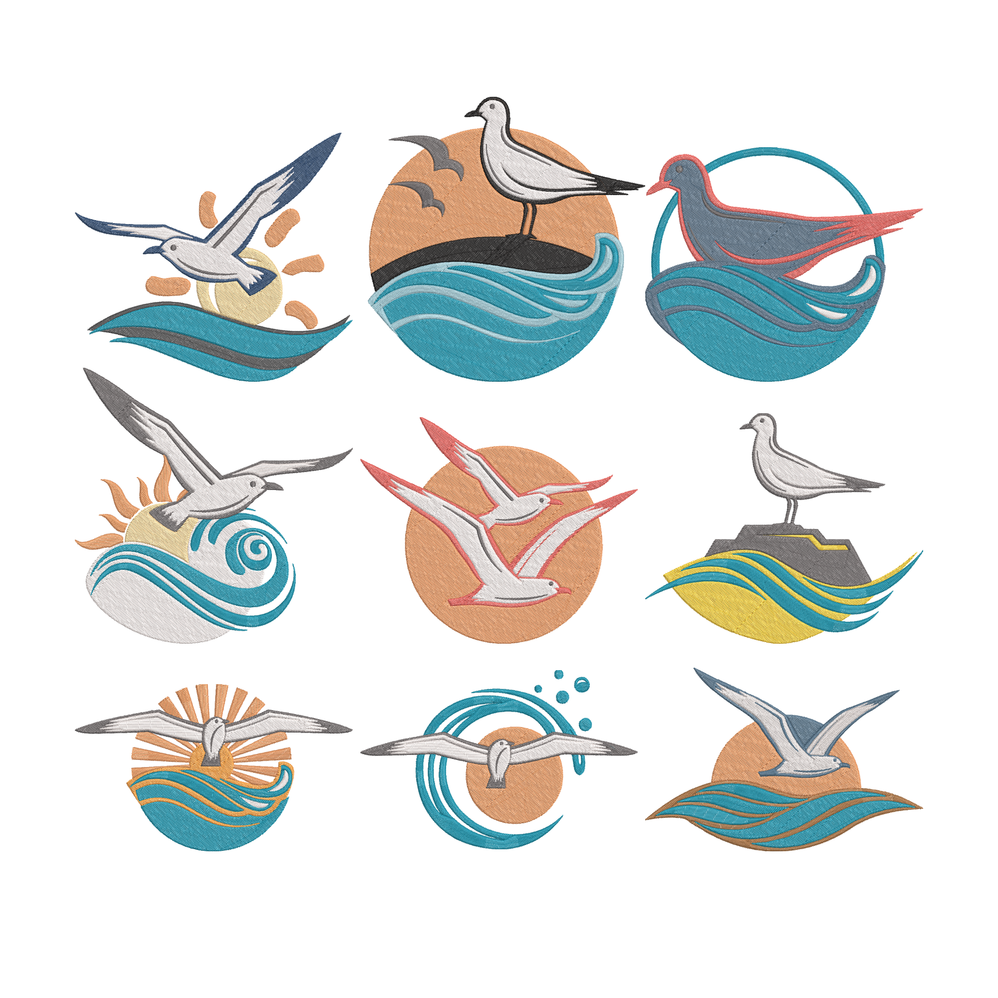 Seagull Embroidery Bundle, Coastal Bird Machine Embroidery Design, Ocean Wave Seabird Embroidery Files, Instant Download