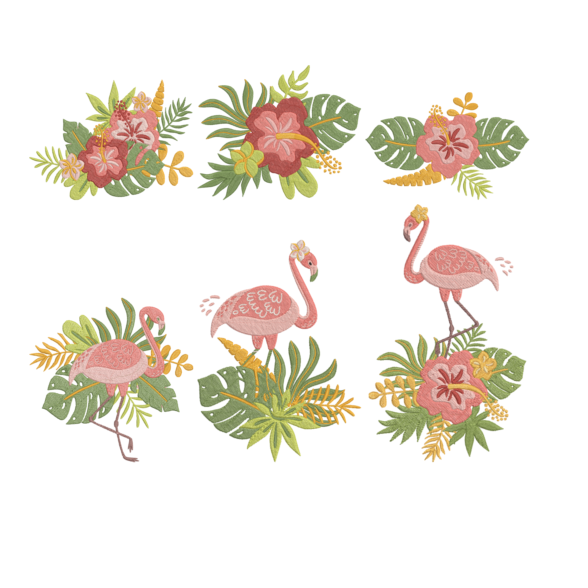 Flamingo Embroidery Bundle, Tropical Floral Machine Embroidery Design, Hibiscus Flamingo Embroidery Files, Instant Download