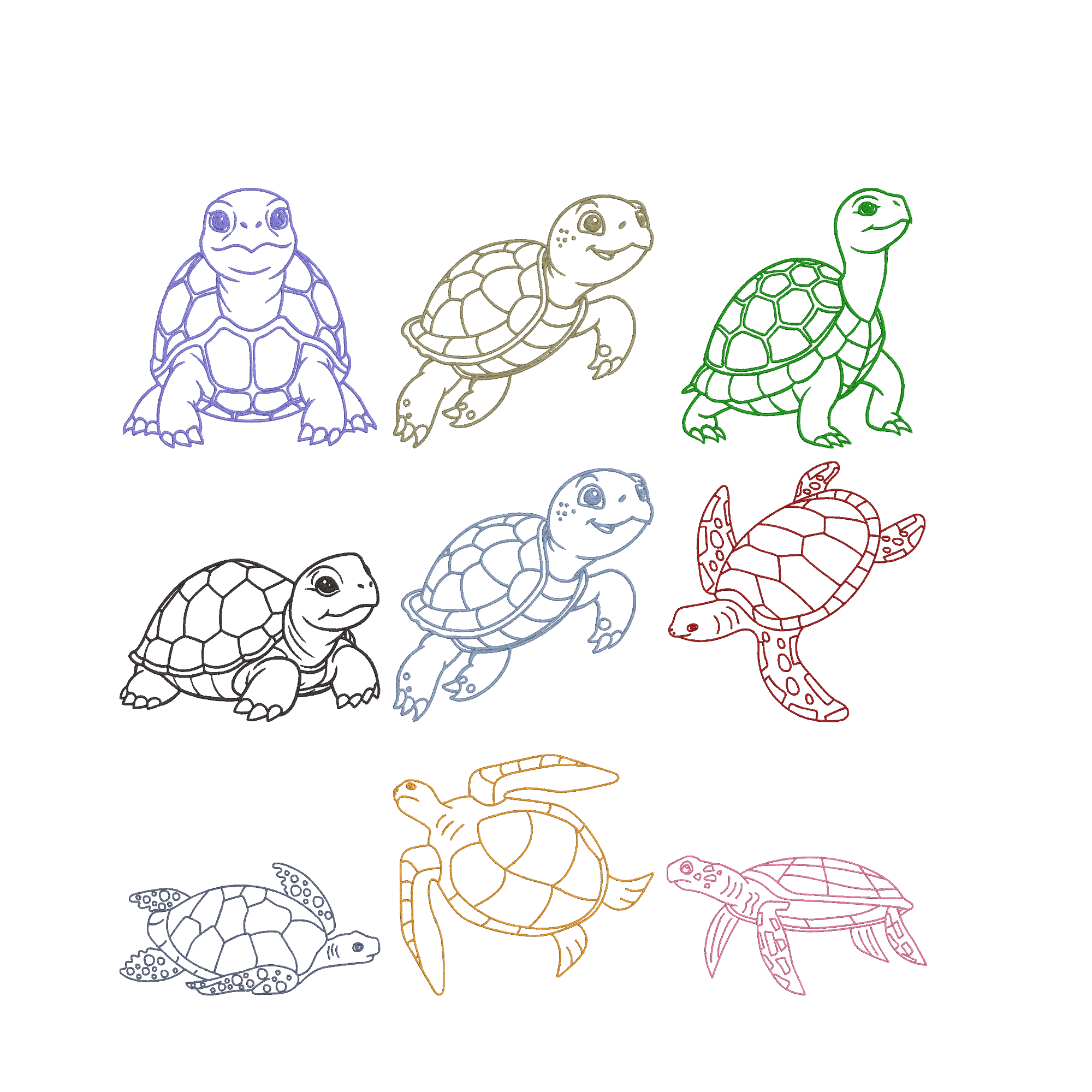 Sea Turtle Embroidery Bundle, Turtle Machine Embroidery Design, Ocean Animal Outline Embroidery Files, Instant Download