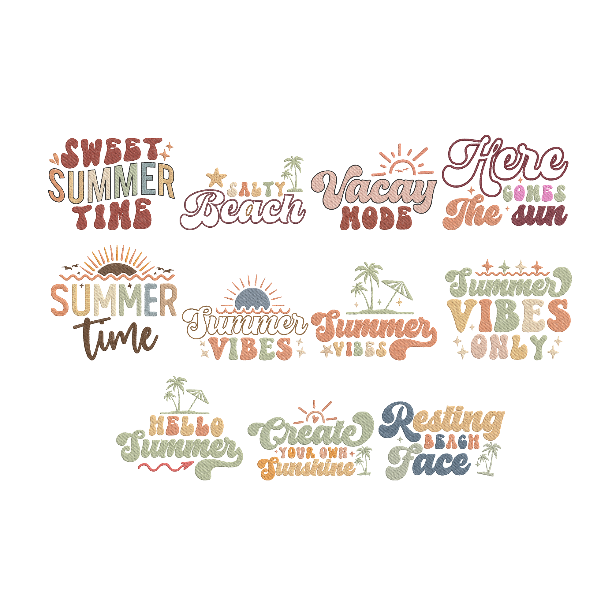 Summer Quote Embroidery Bundle, Summer Vibes Machine Embroidery Design, Beach Vacation Typography Embroidery Files,  Instant Download