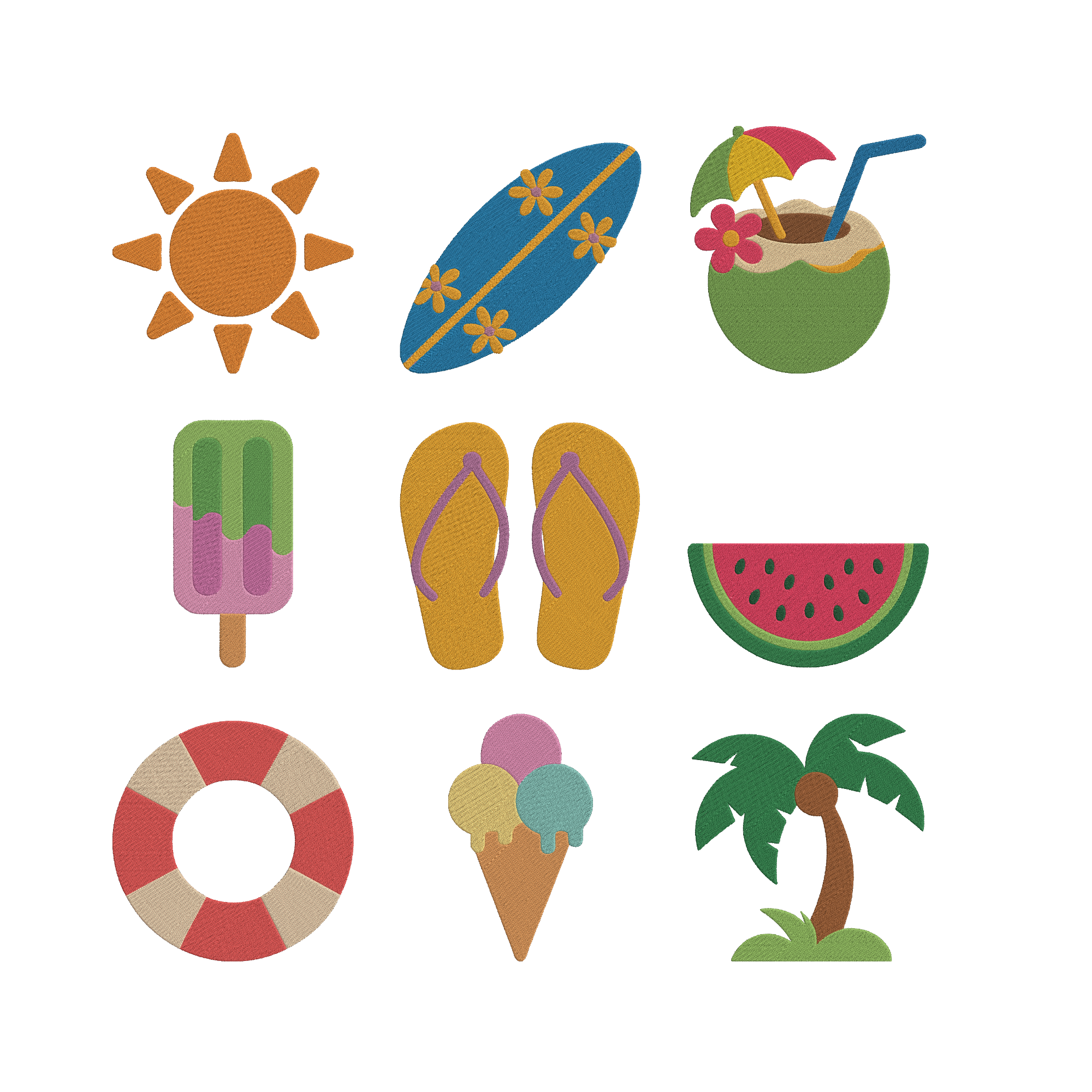 Summer Beach Embroidery Bundle, Tropical Vacation Machine Embroidery Design, Sun Surf Coconut Watermelon Files, 9 Designs, Instant Download