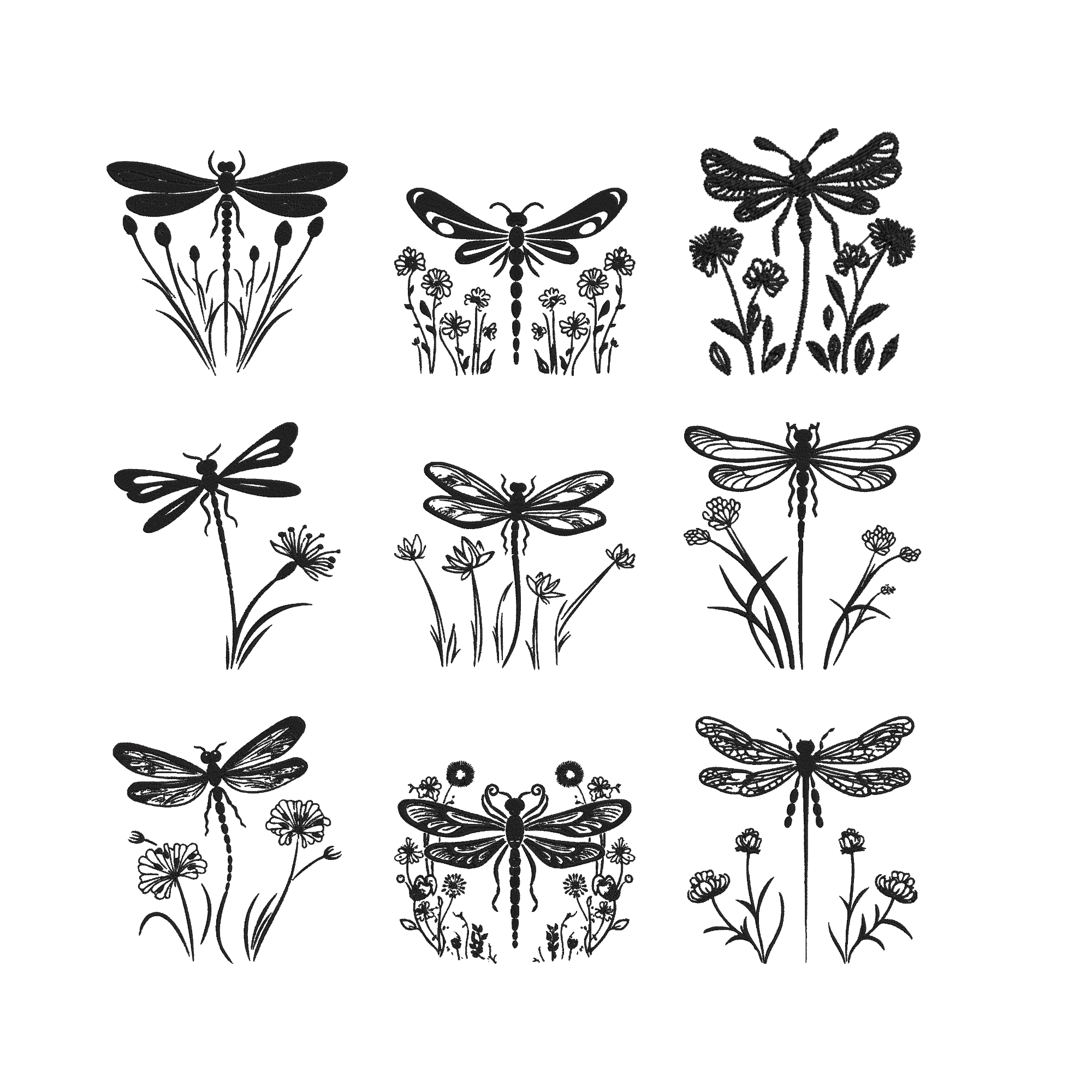 Dragonfly Embroidery Bundle, Floral Dragonfly Machine Embroidery Design, Wildflower Insect Nature Embroidery Files,  Instant Download