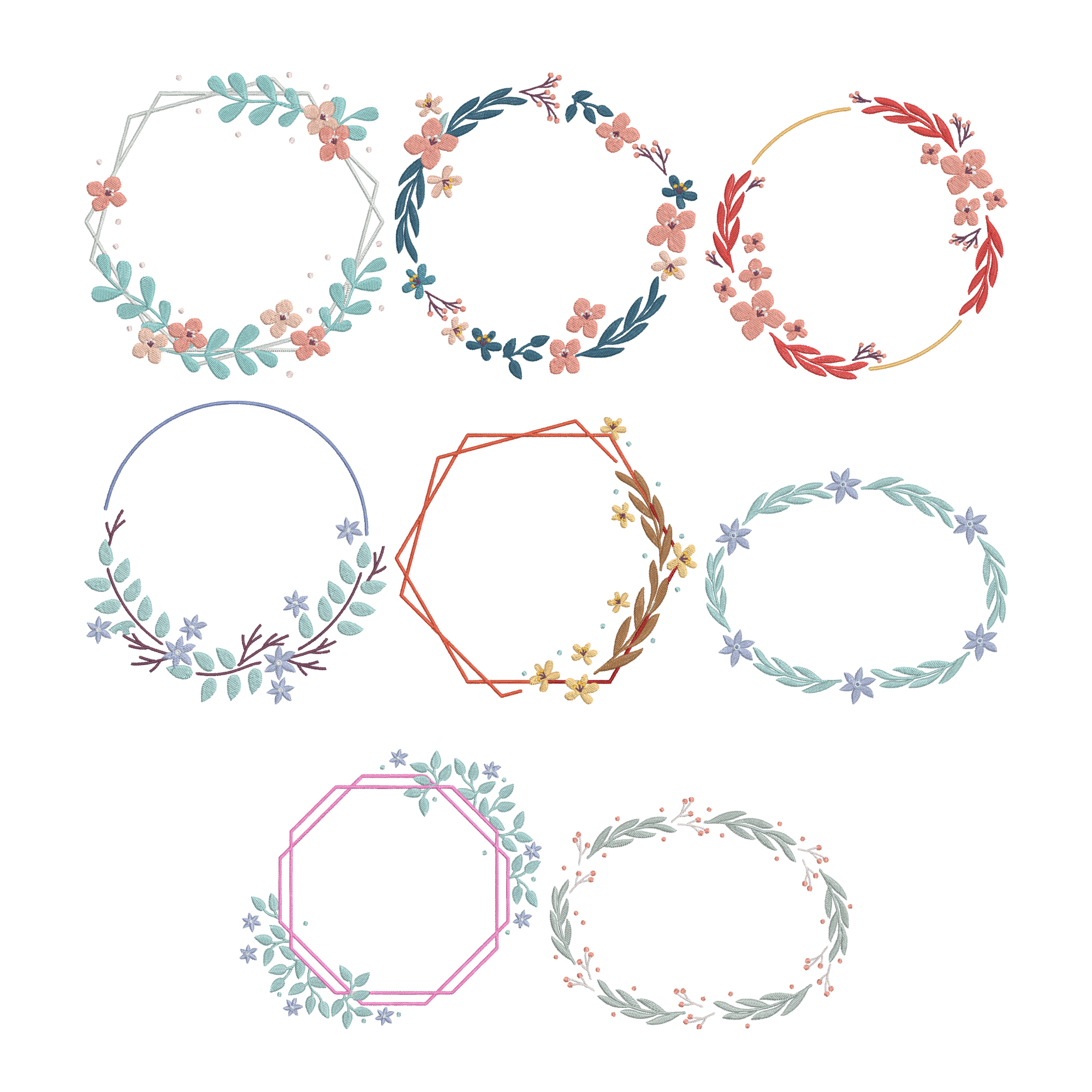Floral Wreath Embroidery Bundle, Flower Frame Machine Embroidery Design, Botanical Circle Monogram Embroidery Files,  Instant Download