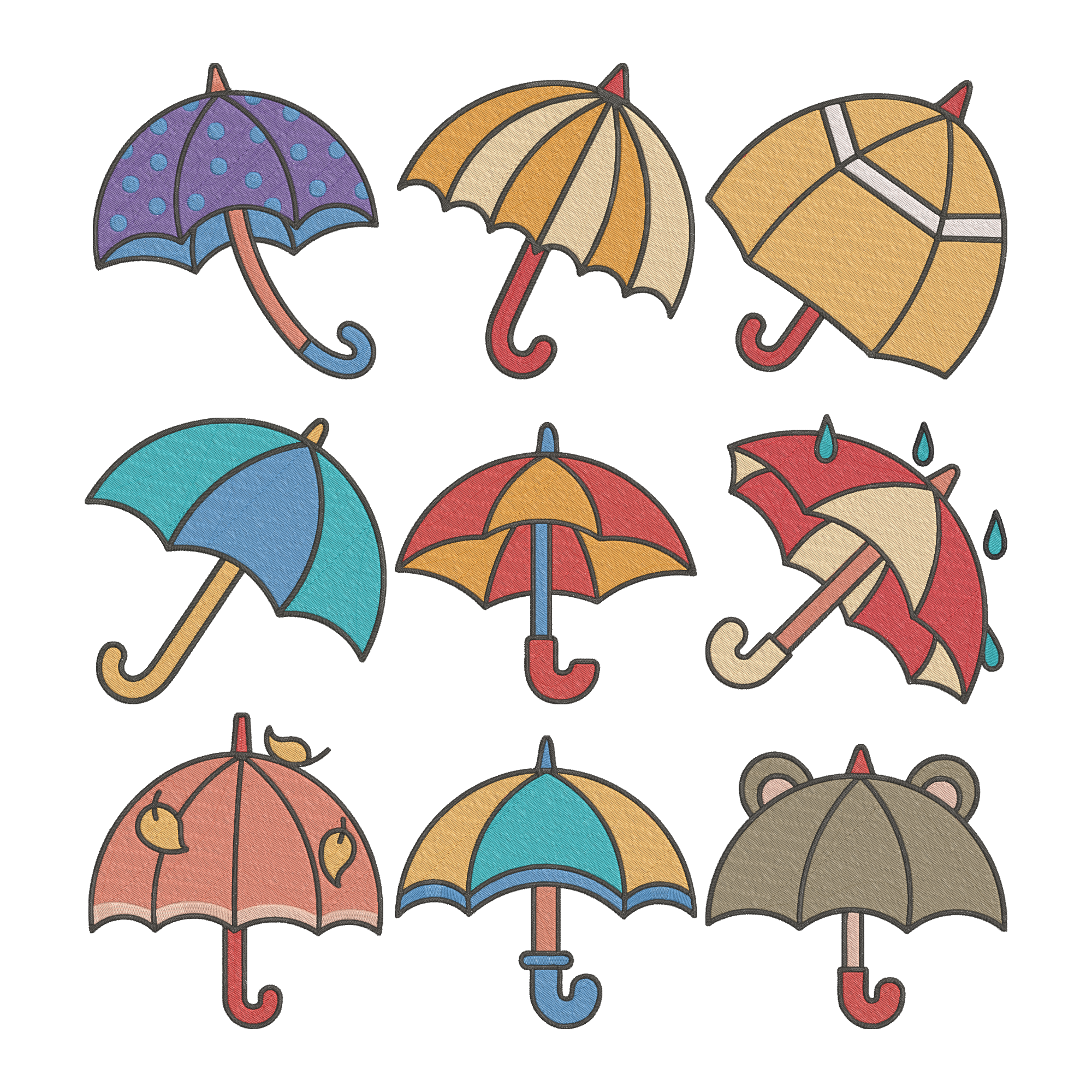 Umbrella Embroidery Design Bundle, Rain Umbrella Machine Embroidery File, Cute Weather Design, Instant Download