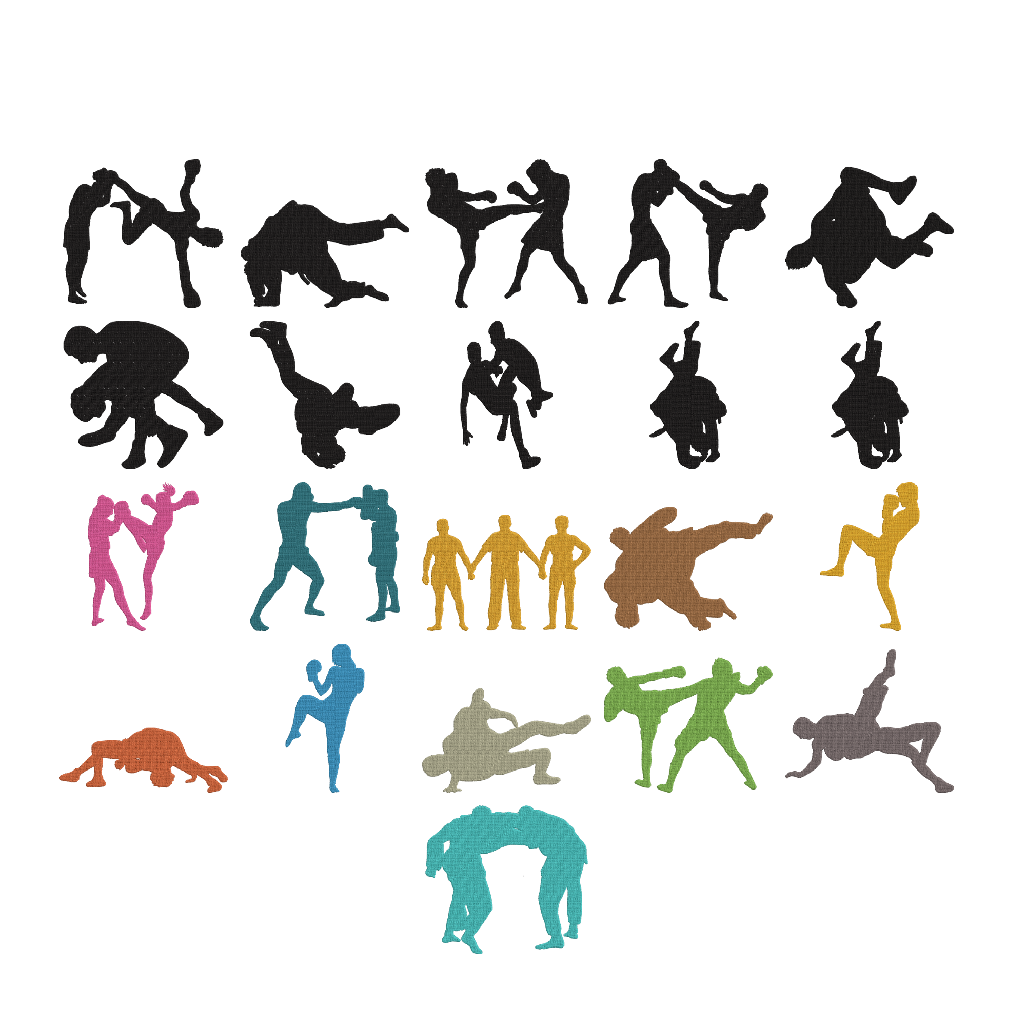 Martial Arts Embroidery Design Bundle, Karate Boxing Fighter Machine Embroidery File, Kickboxing Sport Silhouette, Instant Download