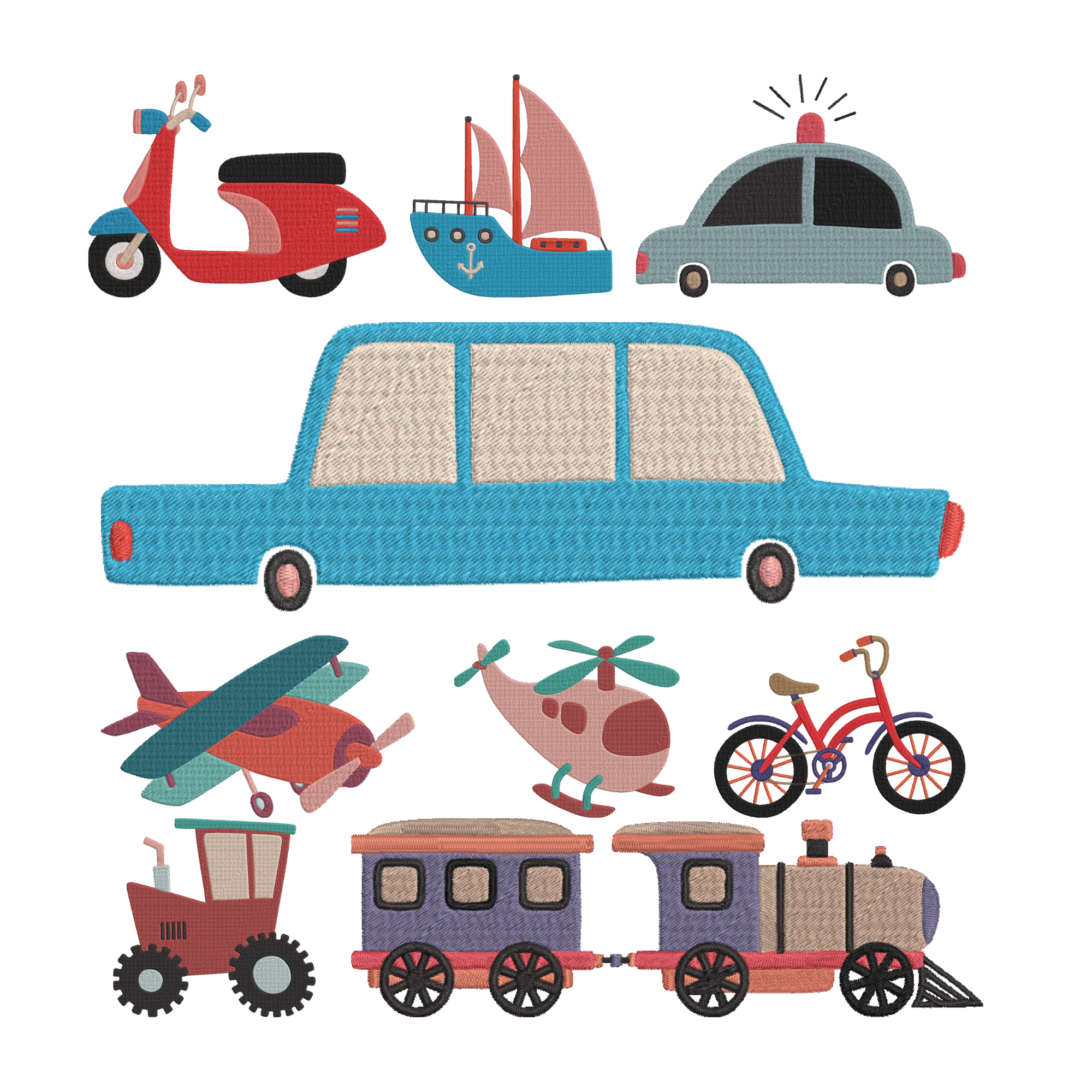 Transportation Embroidery Design Bundle, Vehicle Machine Embroidery File, Car Train Plane Bike Boat Design, Instant Download