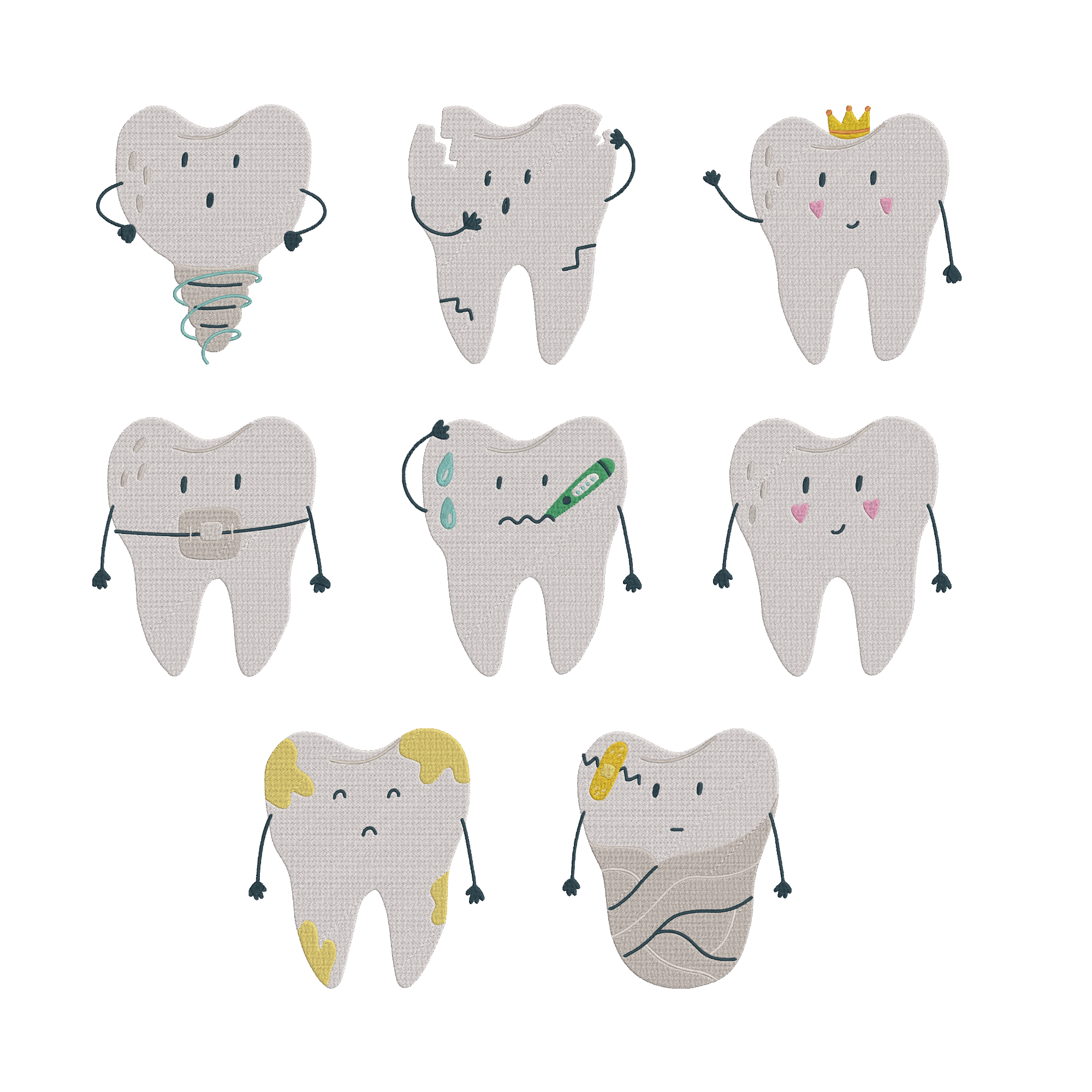 Cute Tooth Embroidery Design Bundle, Dental Machine Embroidery File, Dentist Tooth,  Instant Download