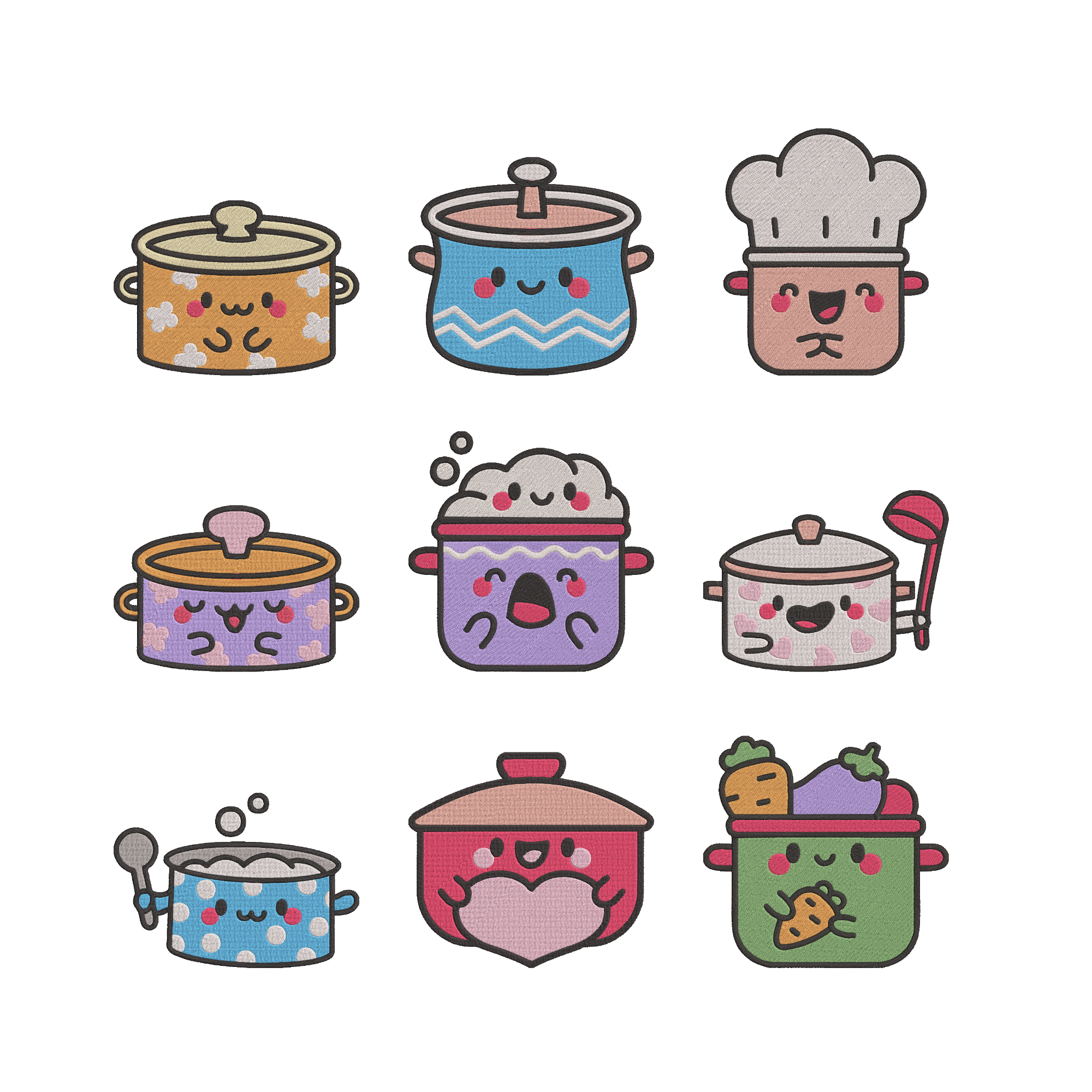 Cute Cooking Pot Embroidery Design Bundle, Kitchen Machine Embroidery File, Kawaii Chef Instant Download