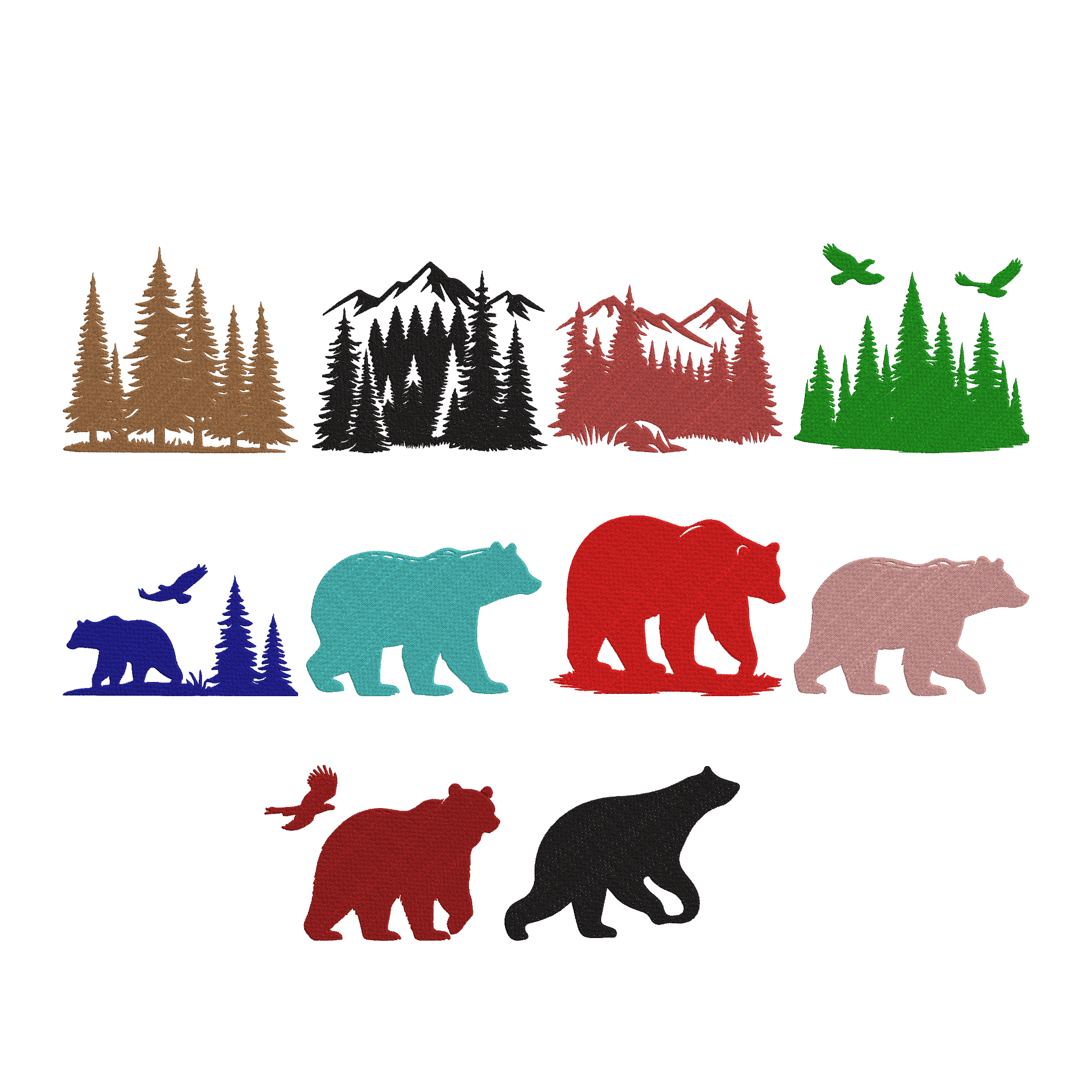 Bear Forest Embroidery Bundle, Mountain Pine Tree Machine Embroidery Design, Wildlife Bear Embroidery File, Instant Download