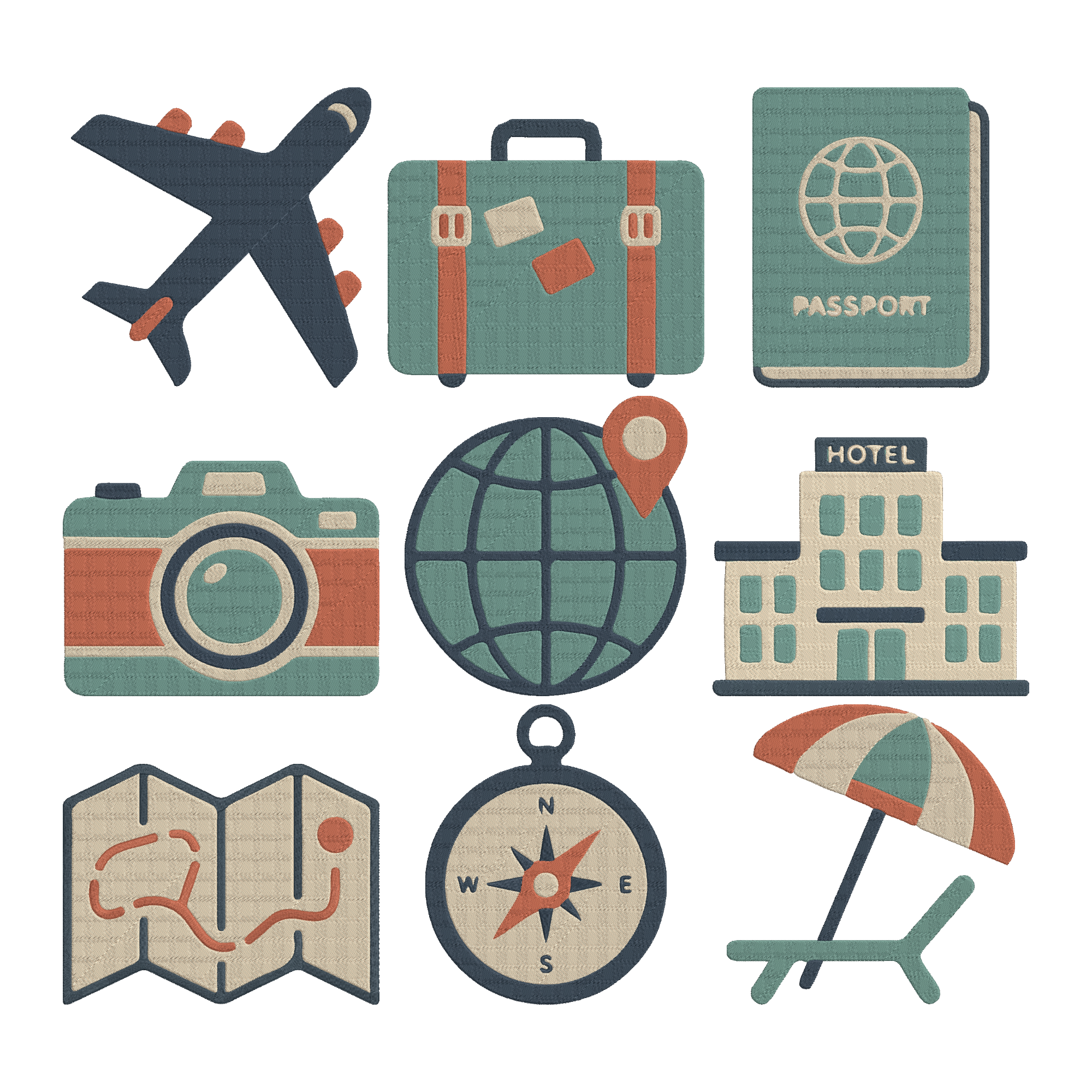 Travel Embroidery Bundle, Vacation Machine Embroidery Design, Passport Suitcase Airplane Embroidery File, Instant Download