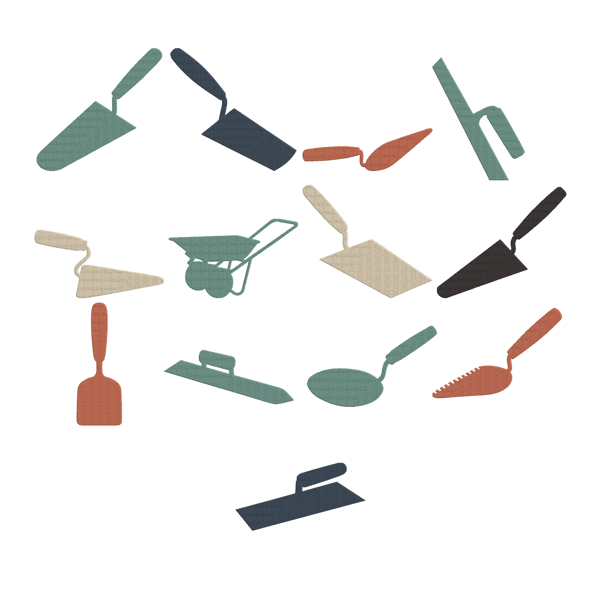 Masonry Tools Embroidery Design Bundle, Trowel Wheelbarrow Machine Embroidery File, Instant Download