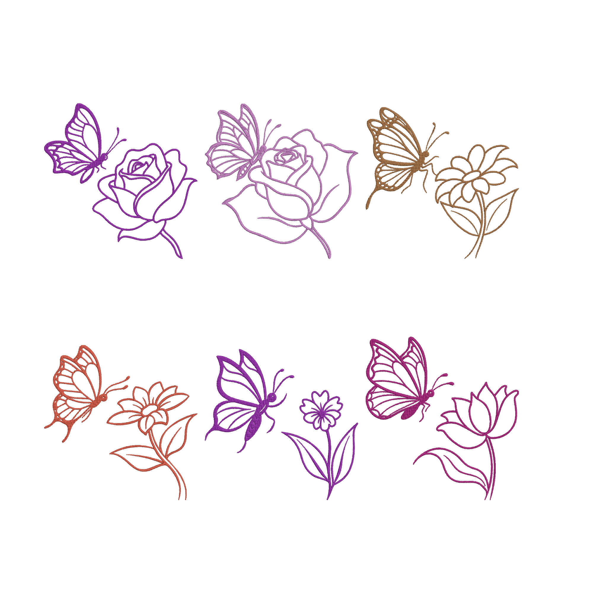 Butterfly Flower Line Art Embroidery Design Bundle, Floral Outline Machine Embroidery File, Instant Download