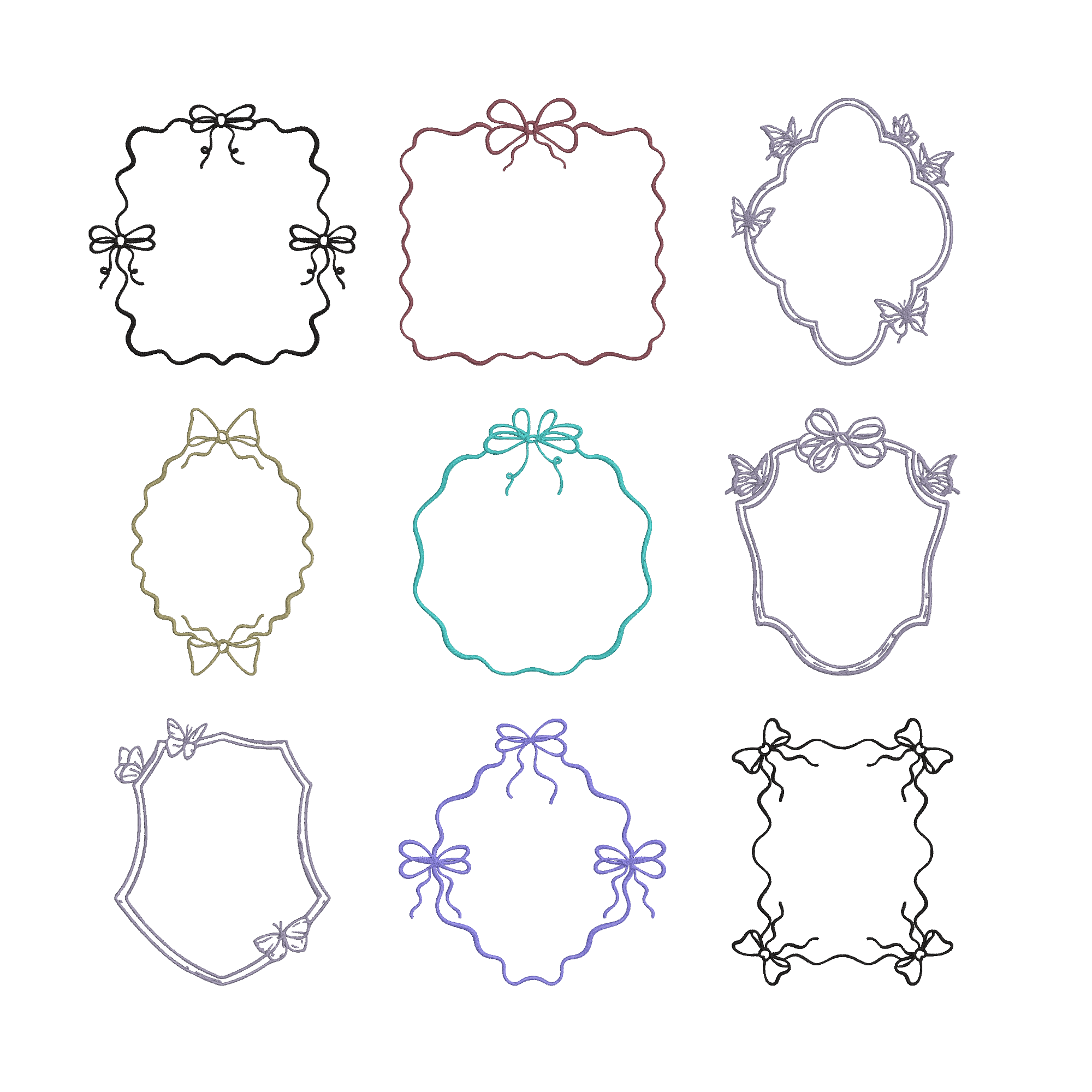 Bow Frame Embroidery Design Bundle, Ribbon Border Line Art Machine Embroidery File, Instant Download