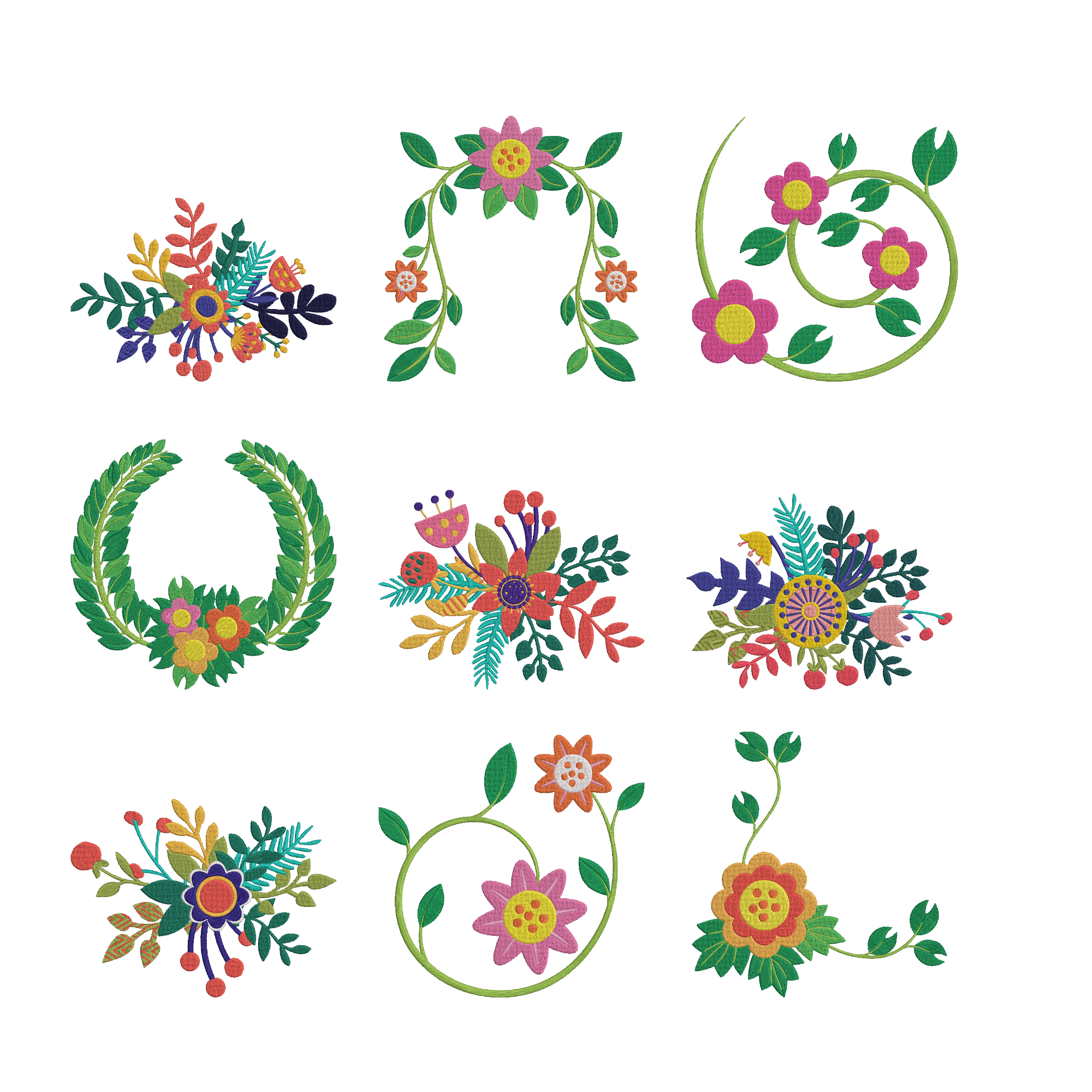 Floral Wreath Embroidery Design Bundle, Flower Monogram Frame Machine Embroidery File, Instant Download