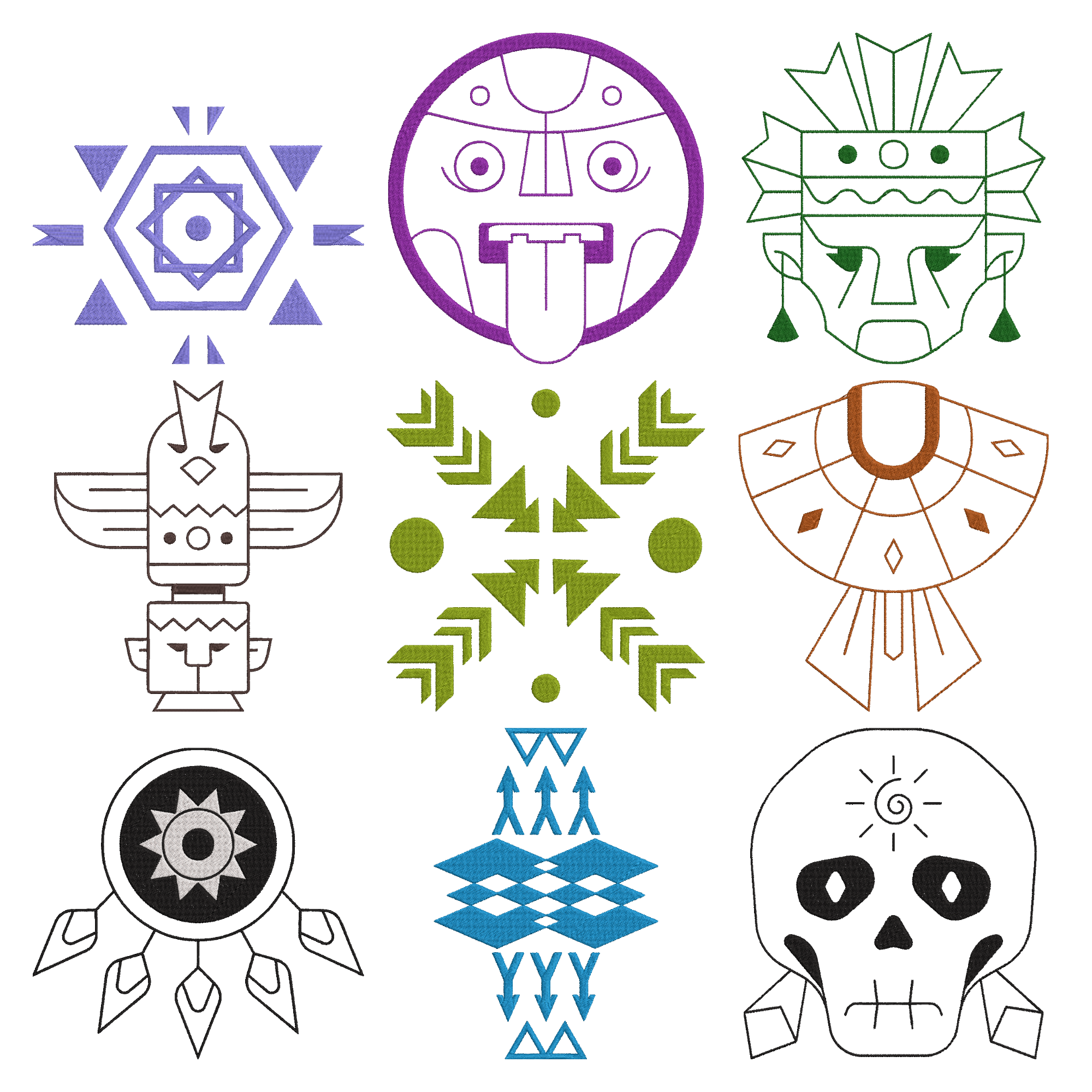 Tribal Mask Embroidery Design Bundle, Aztec Skull Machine Embroidery File, Instant Download