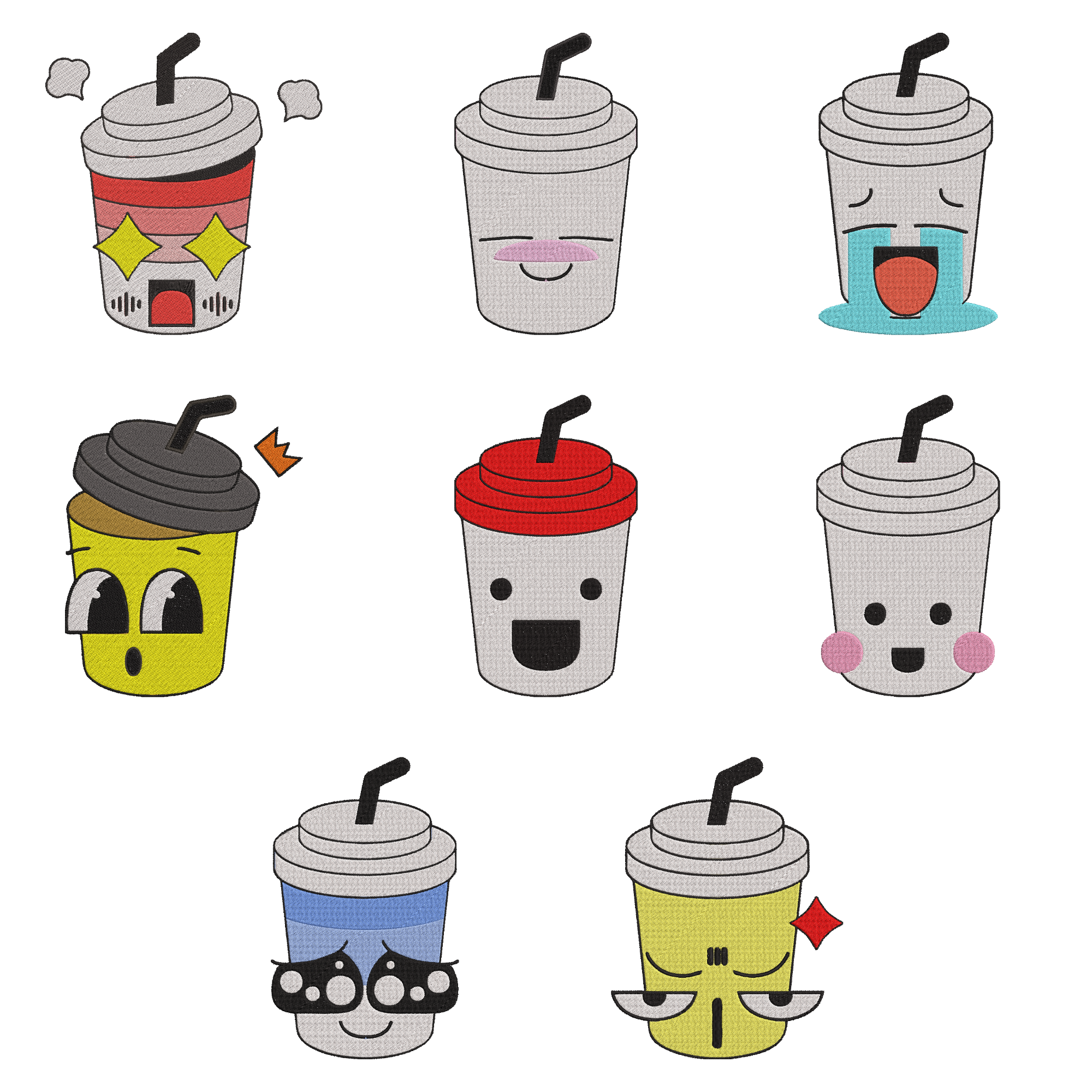 Cute Coffee Cup Embroidery Design Bundle, Kawaii Drink Faces Embroidery, Funny Coffee Emotions, Digital Download