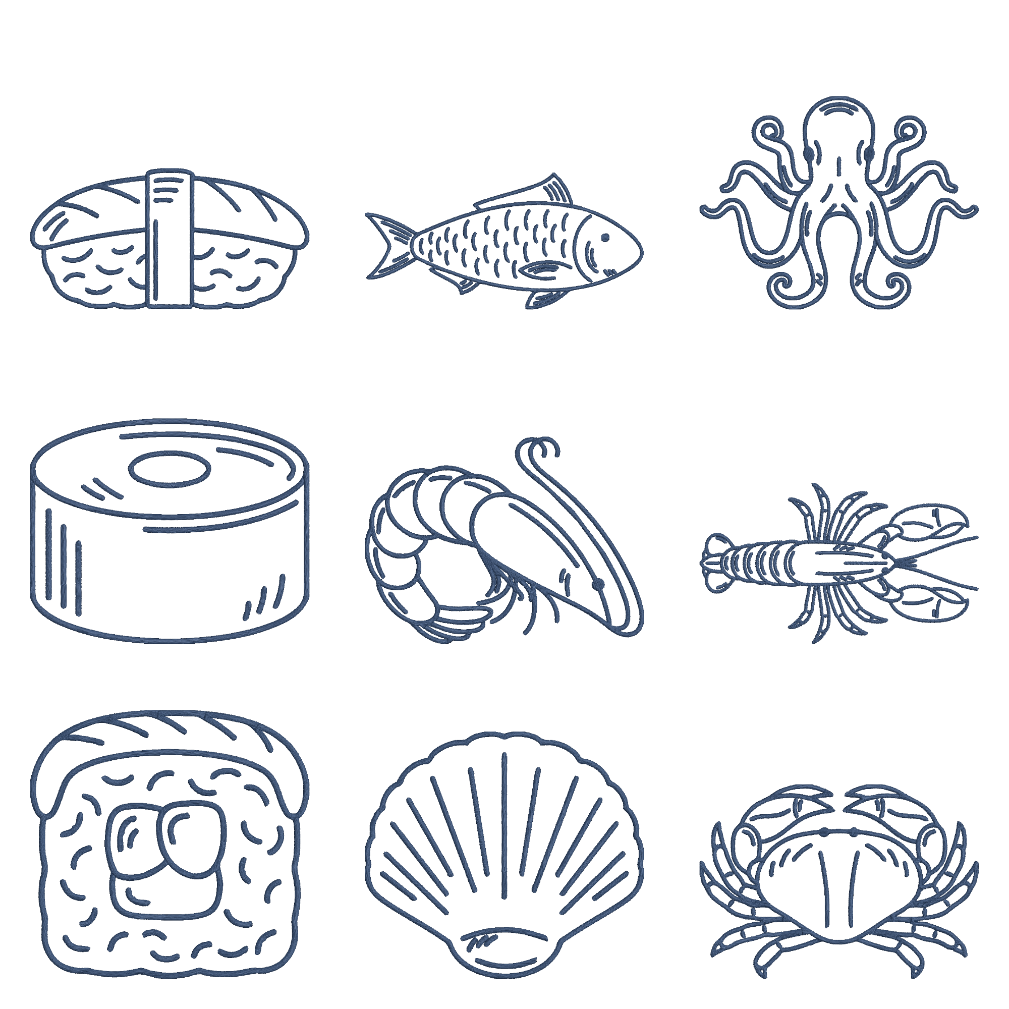 Seafood Embroidery Design Bundle, Sushi Fish Crab Octopus Embroidery, Ocean Food Line Art Embroidery Files, Instant download