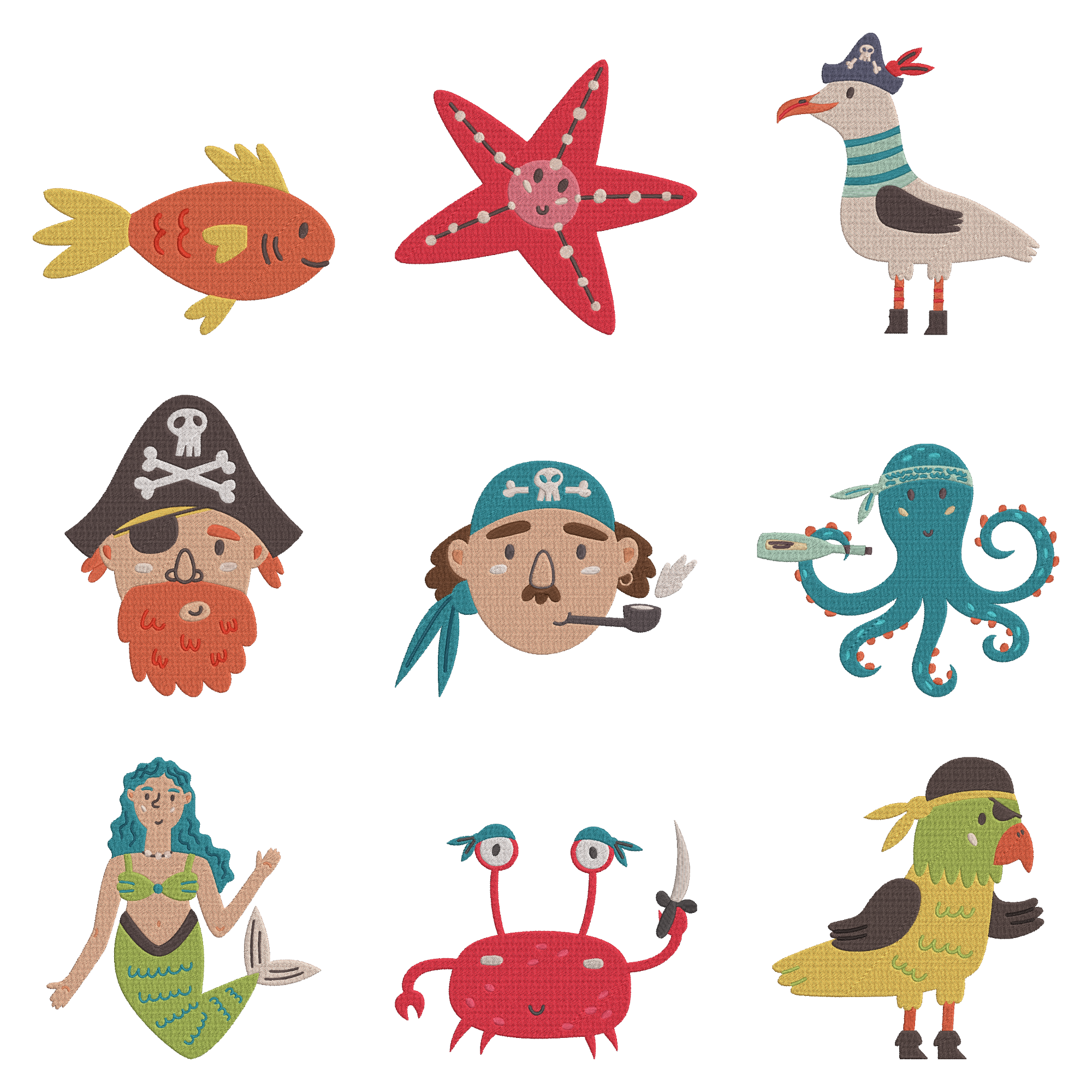Pirate Embroidery Design , Ocean Sea Animals Mermaid Octopus Crab Embroidery, Cute Pirate Characters Machine Embroidery, Instant Download