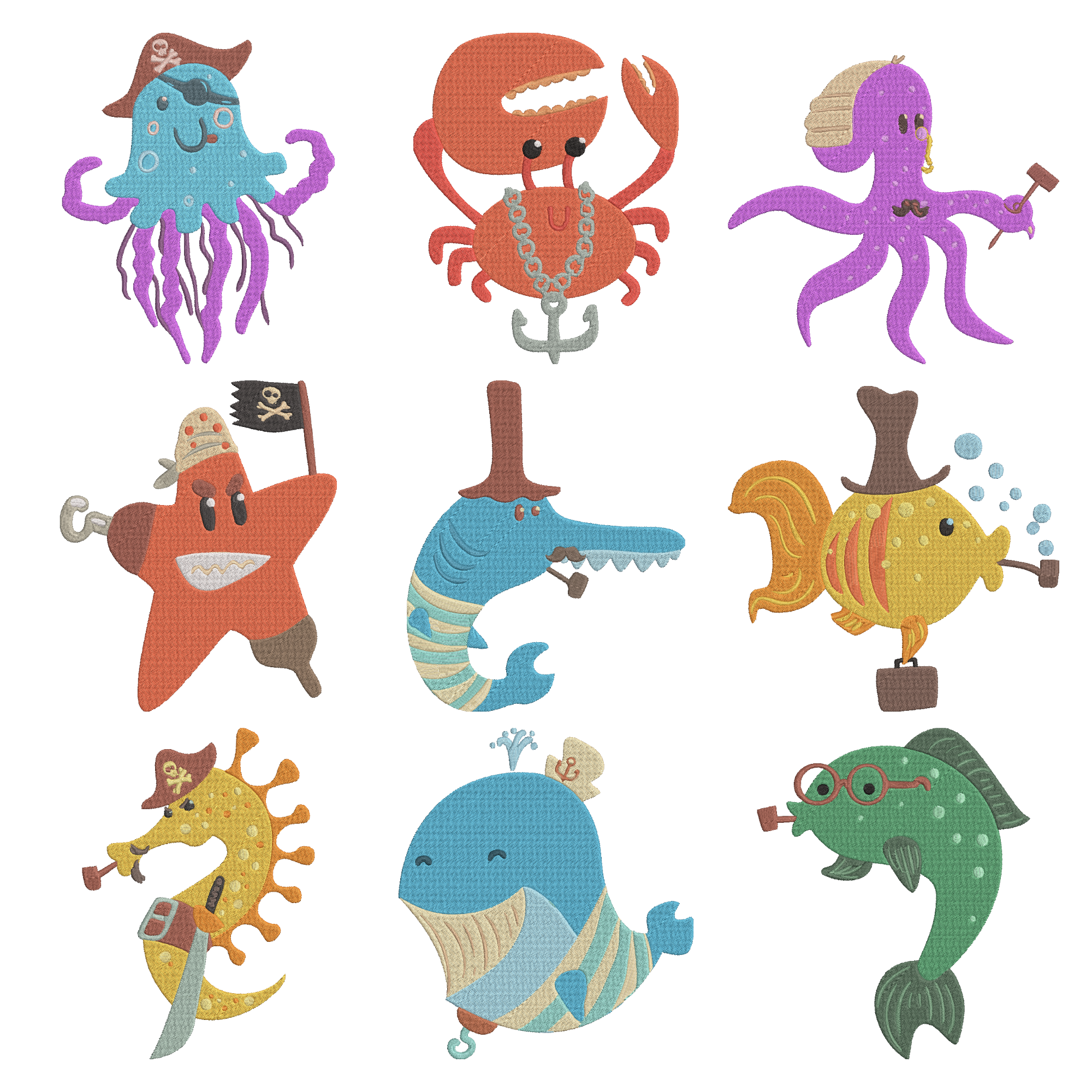 Pirate Sea Animals Embroidery Bundle, Cute Ocean Creatures Crab Octopus Whale Fish Embroidery, Kids Pirate Embroidery, Instant Download