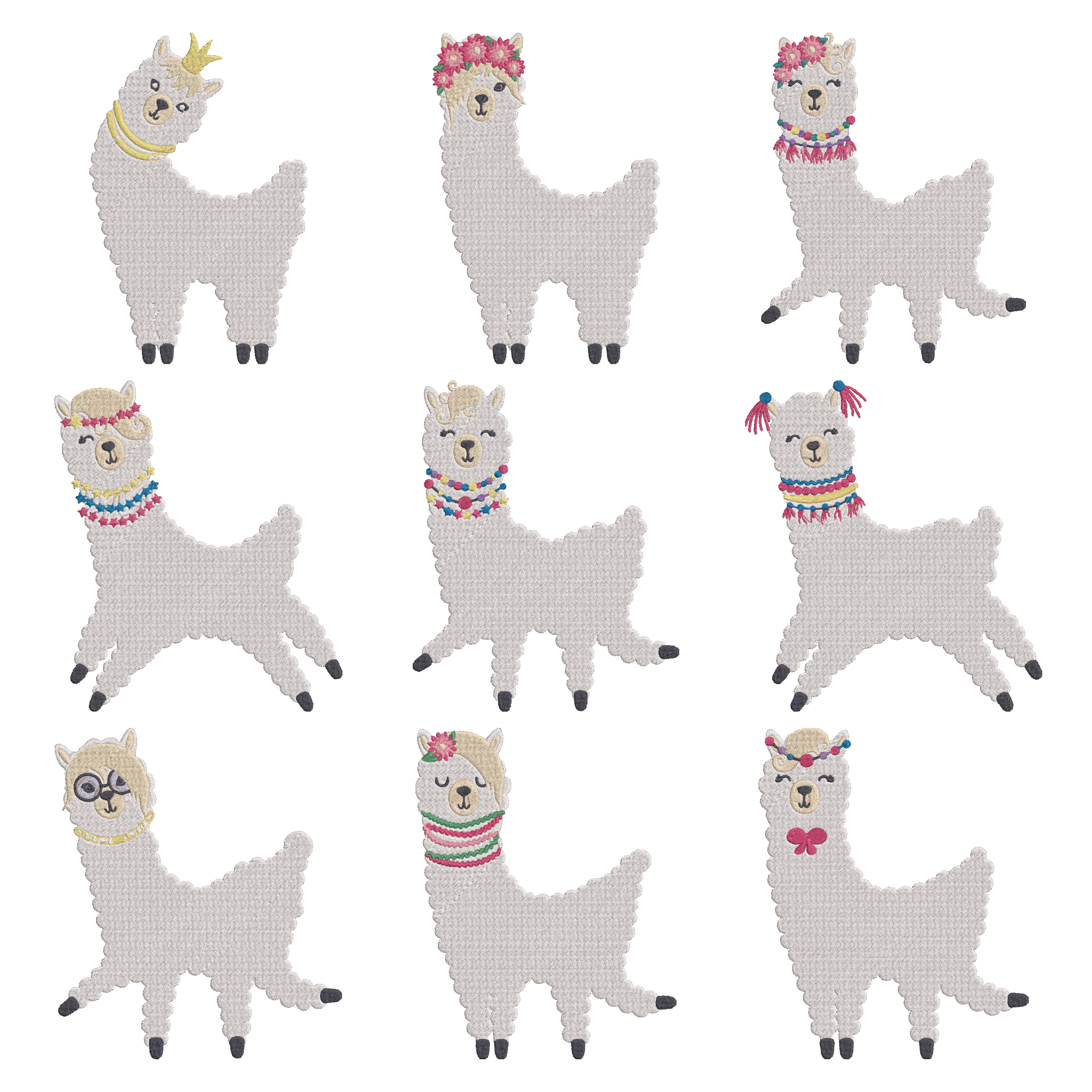 Llama Embroidery Design Bundle, Cute Alpaca Embroidery Files, Kawaii Llama Floral Crown Cartoon Animal Machine Embroidery, Instant Download