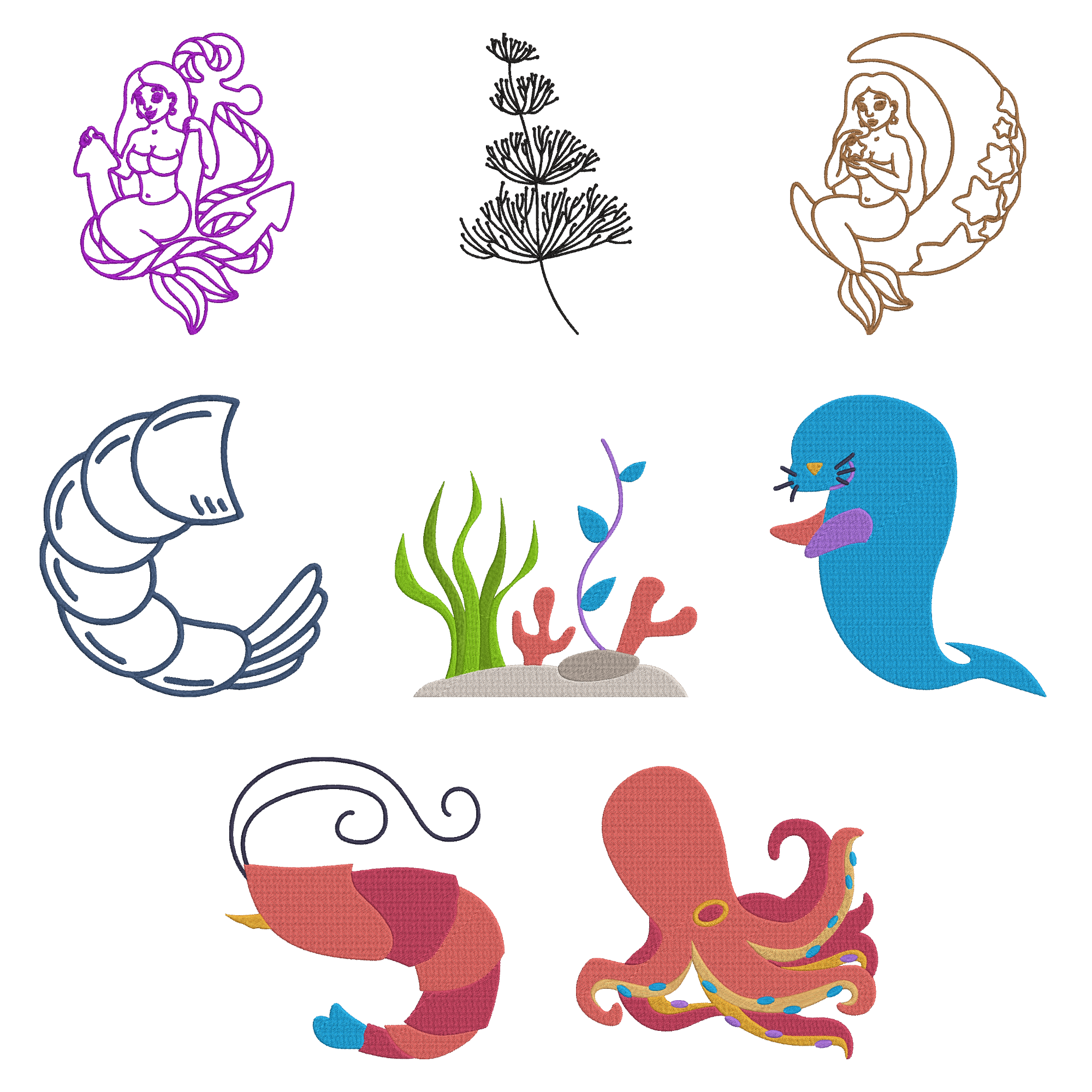Mermaid Ocean Embroidery Bundle, Sea Life Embroidery Designs, Shrimp Octopus Coral Dolphin Embroidery Files, Instant Download