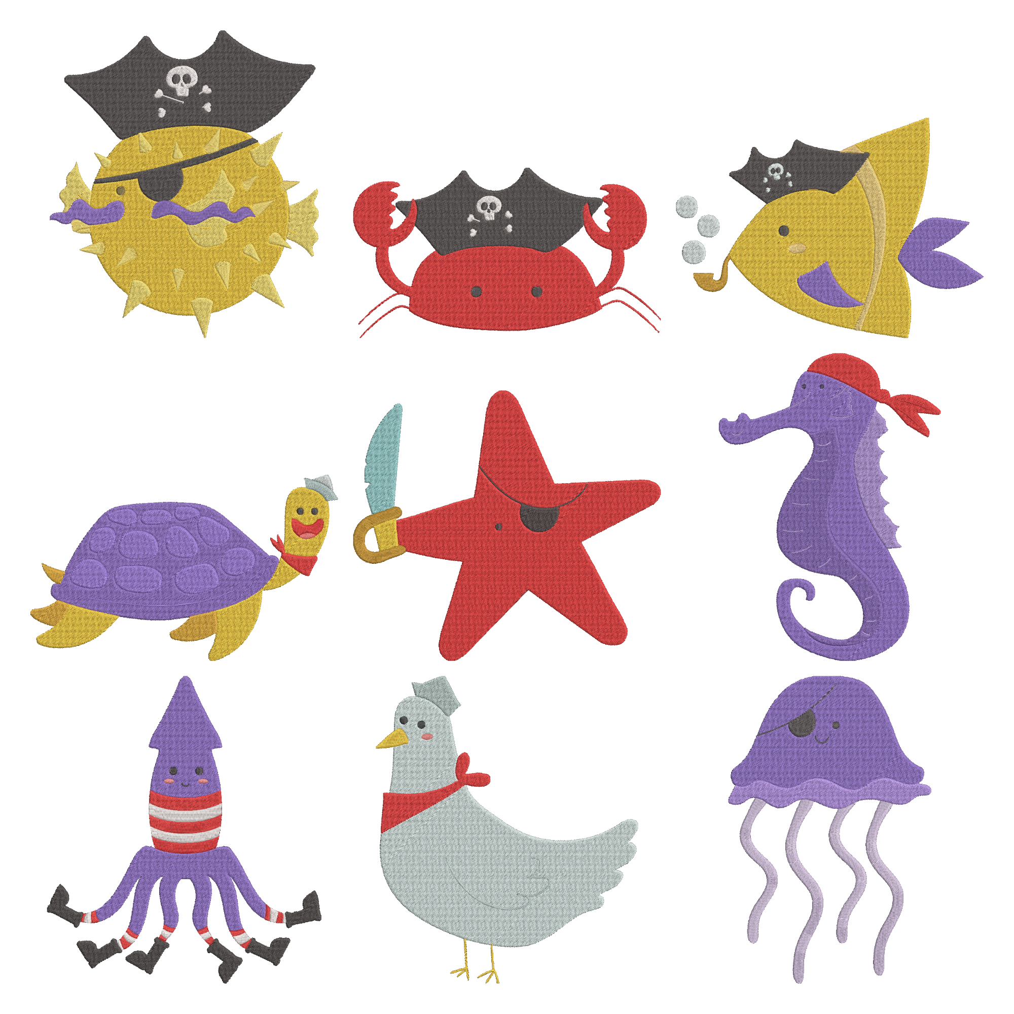 Pirate Sea Animals Embroidery Bundle, Cute Ocean Pirate Embroidery Designs, Fish Crab Starfish Jellyfish Embroidery File, Instant Download