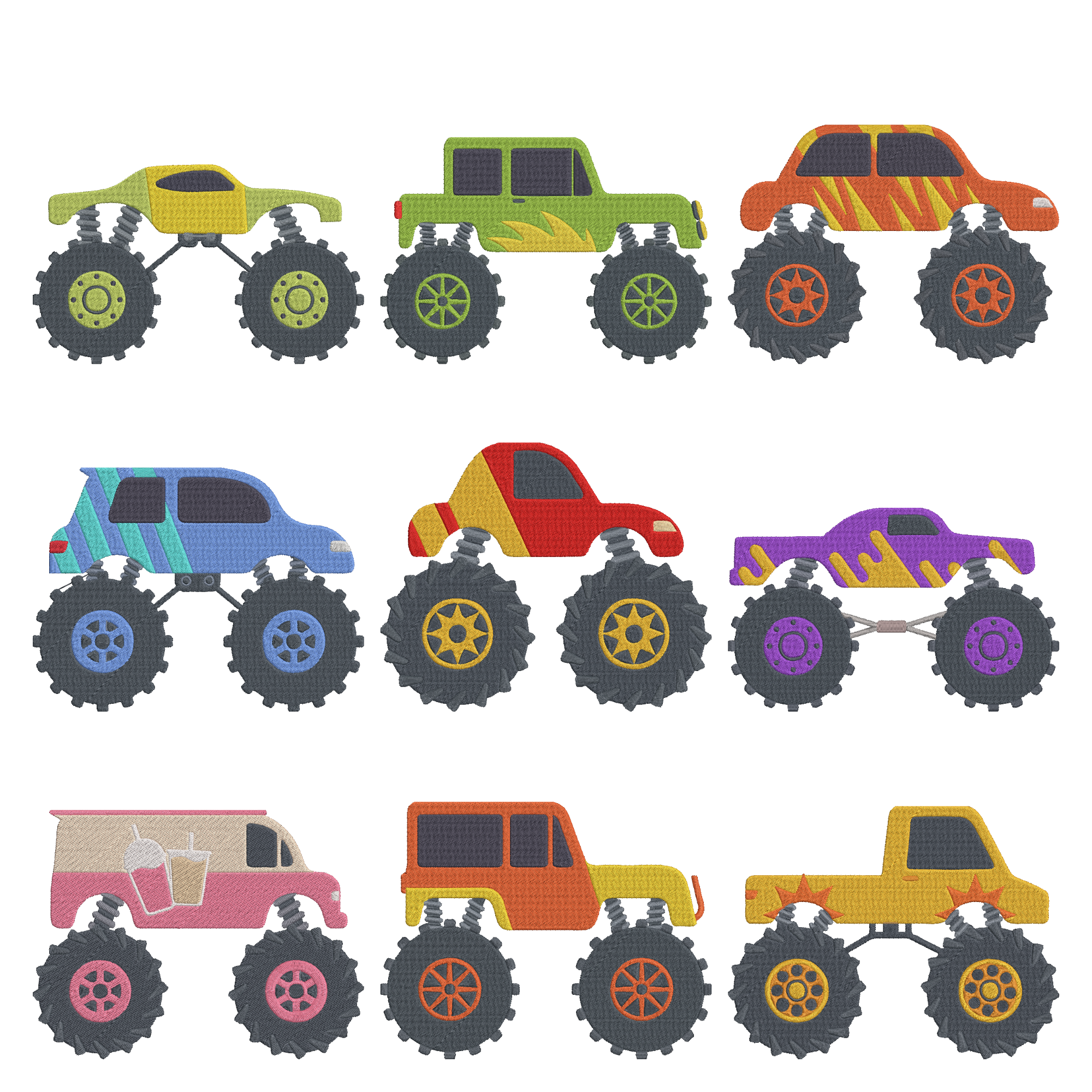 Monster Truck Embroidery Design Bundle, Cartoon Monster Truck Embroidery File, Kids Truck Machine Embroidery, Monster Car Embroidery
