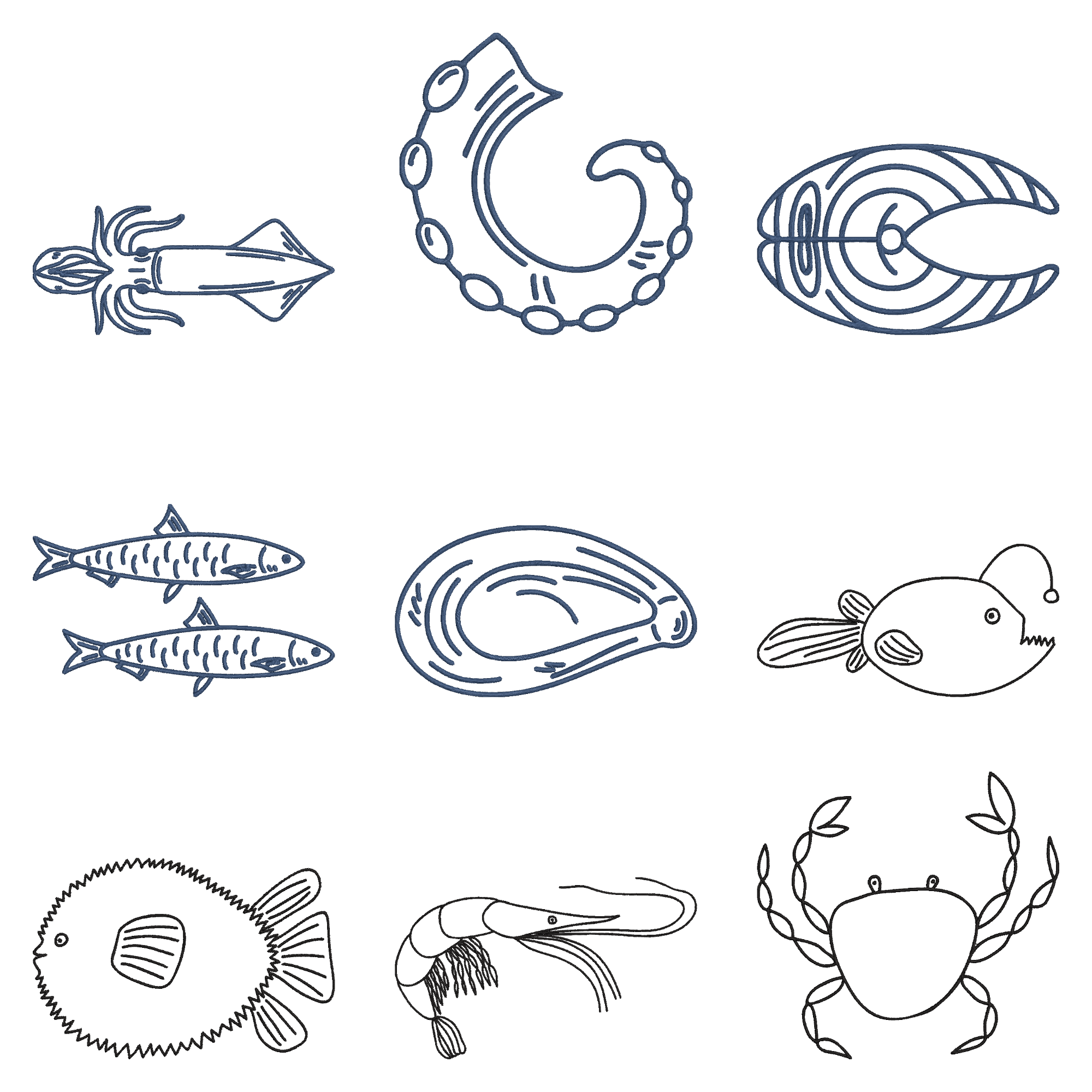 Seafood Embroidery Design Bundle, Fish Machine Embroidery File, Ocean Food Embroidery , Marine Embroidery, Instant Download