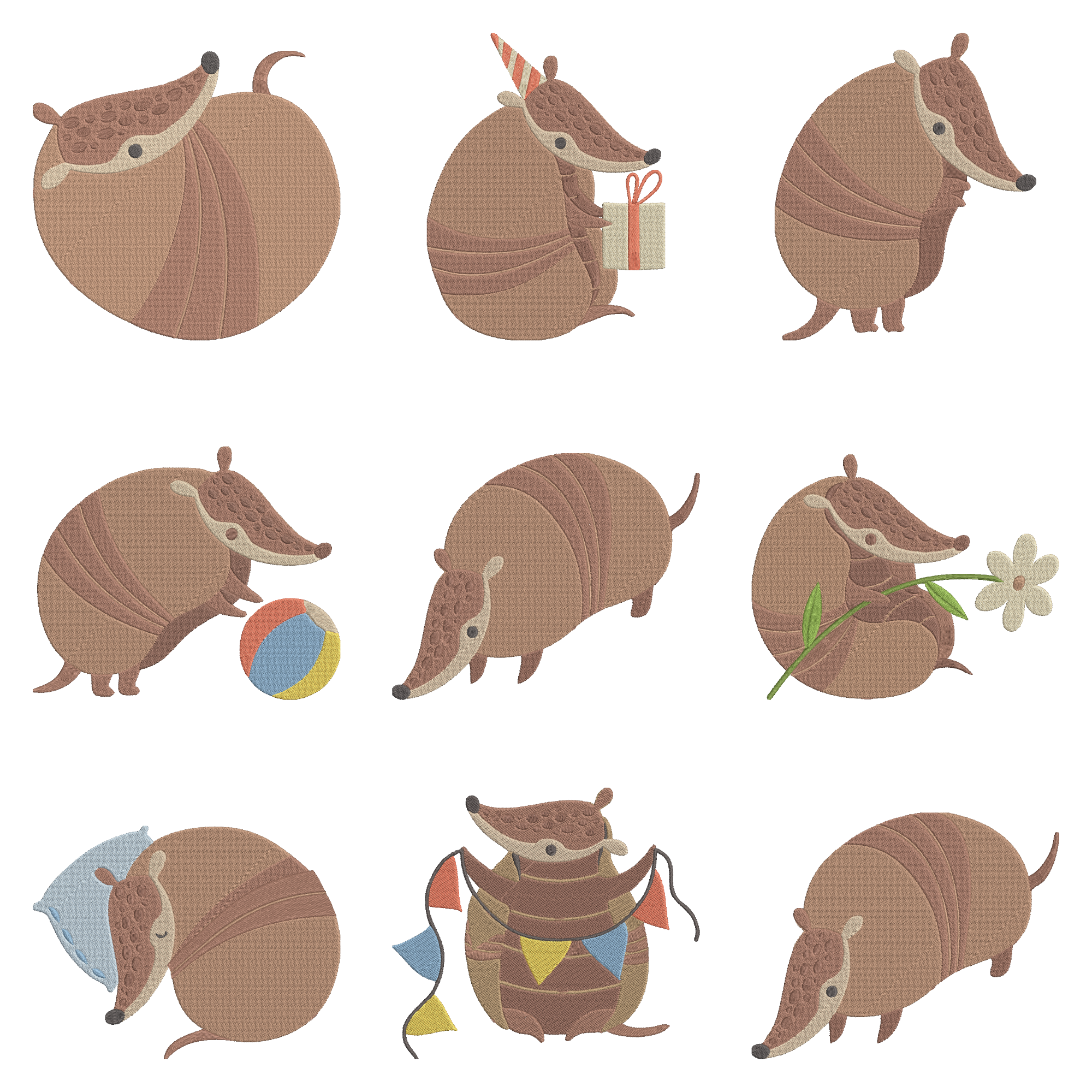 Cute Armadillo Embroidery Design Bundle, Cartoon Armadillo Machine Embroidery, Instant Download