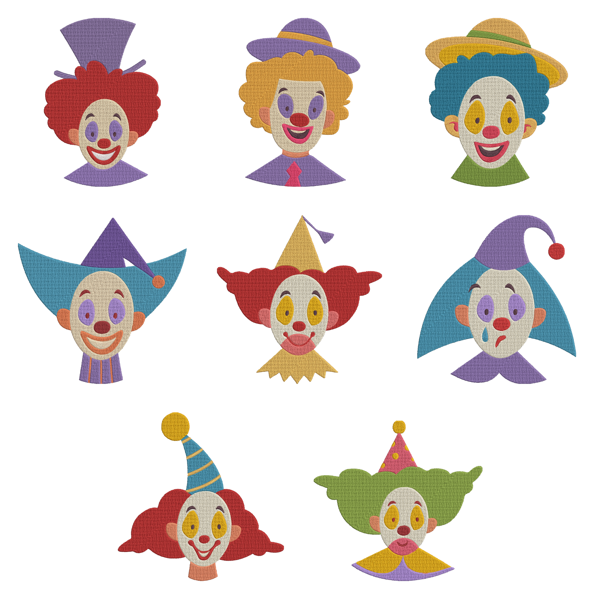 Clown Embroidery Design Bundle, Cute Circus Clown Face Machine Embroidery, Instant Download