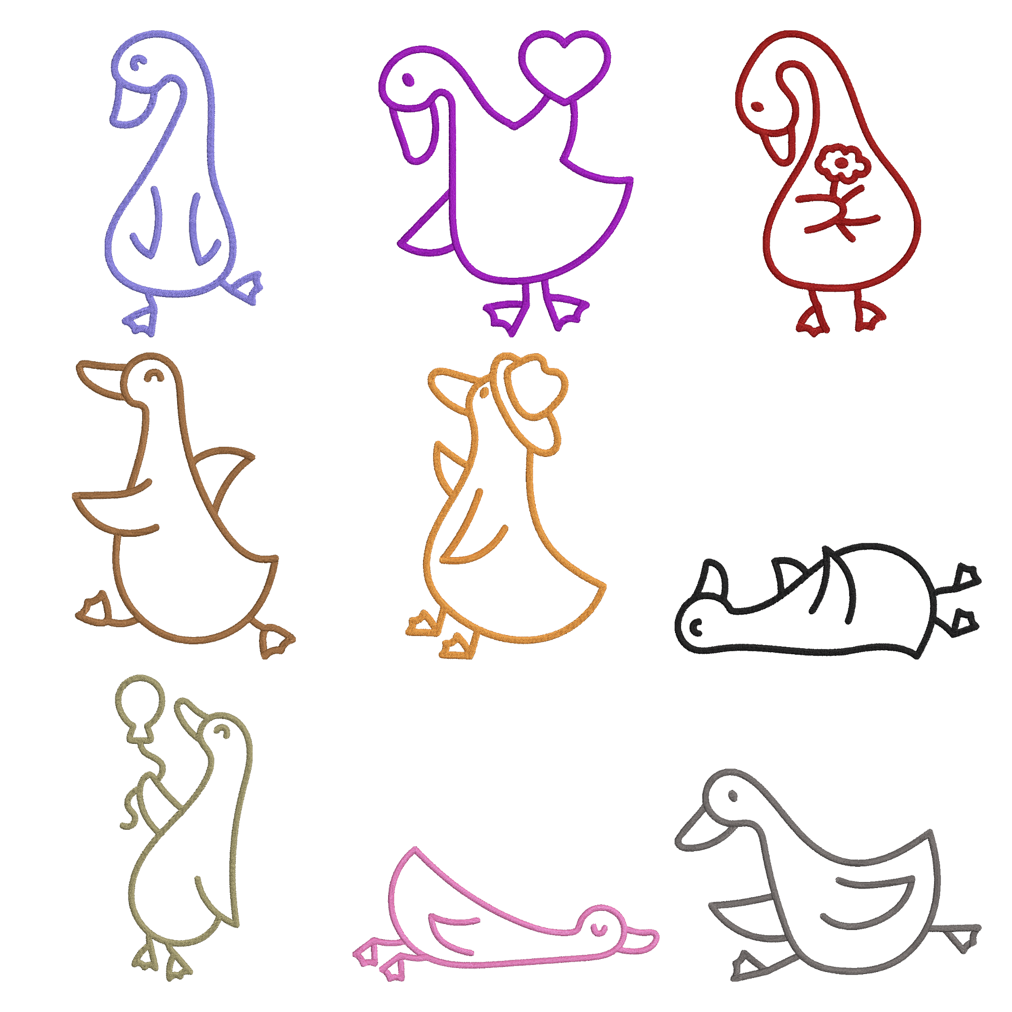 Duck Line Art Embroidery Bundle, Cute Goose Embroidery Design, Instant Download