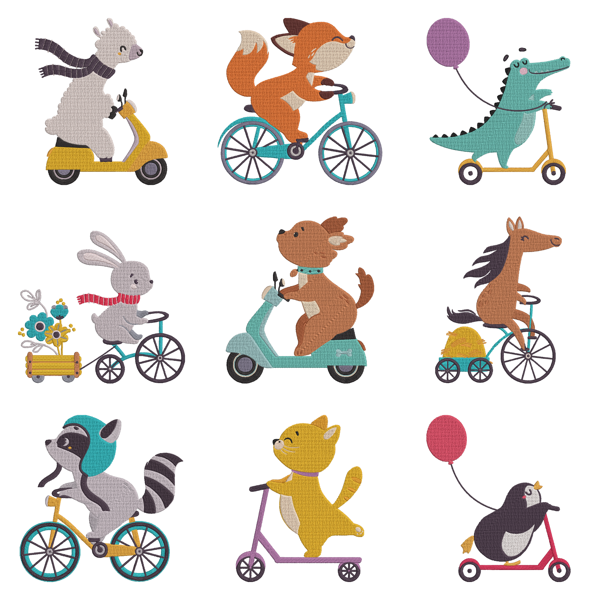 Animal Riding Bike Scooter Embroidery Bundle, Fox Bunny Penguin Dino Raccoon Horse Alpaca Dog Cat Embroidery Design