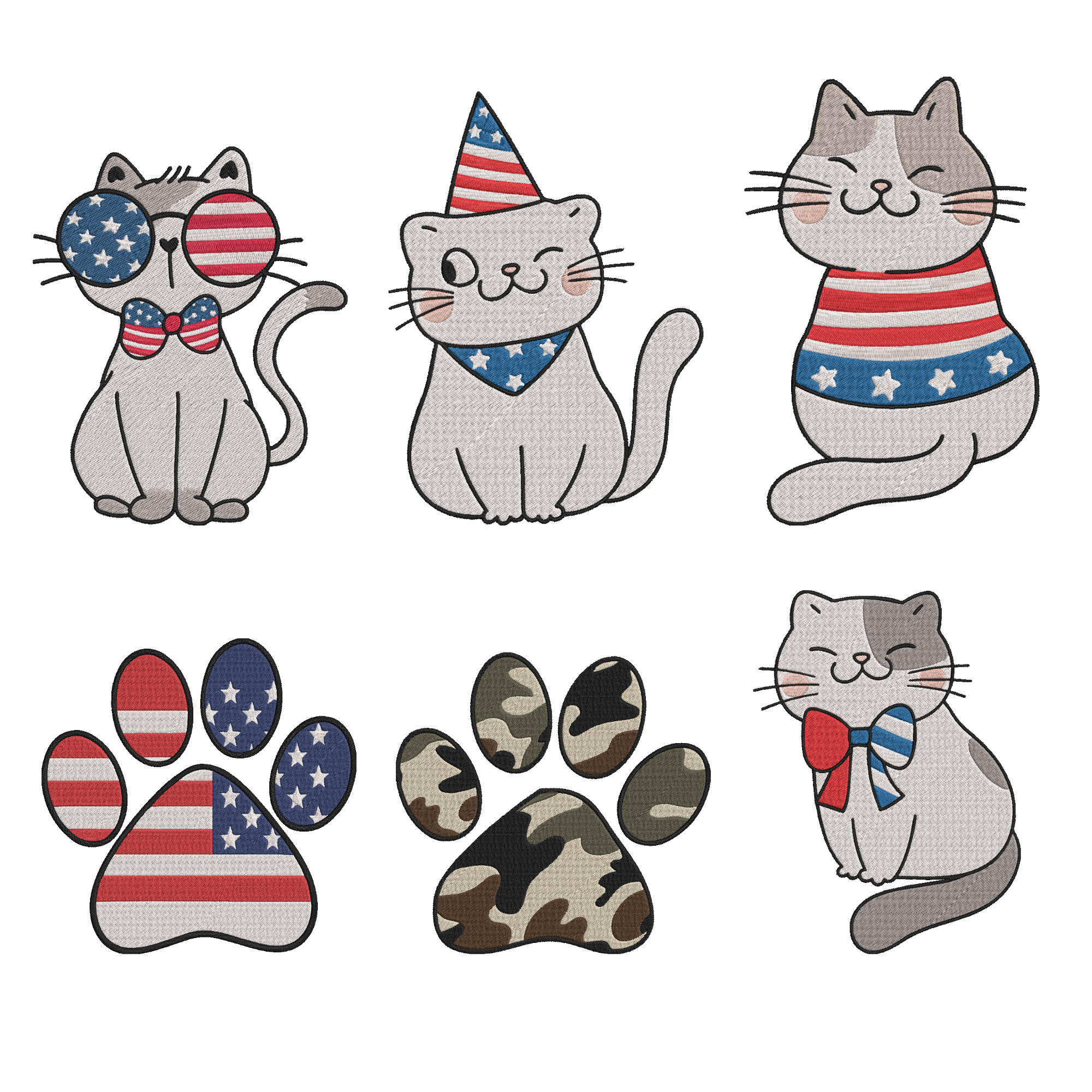 Patriotic Cat Embroidery Design Bundle, USA Kitten Pattern, Digital Download