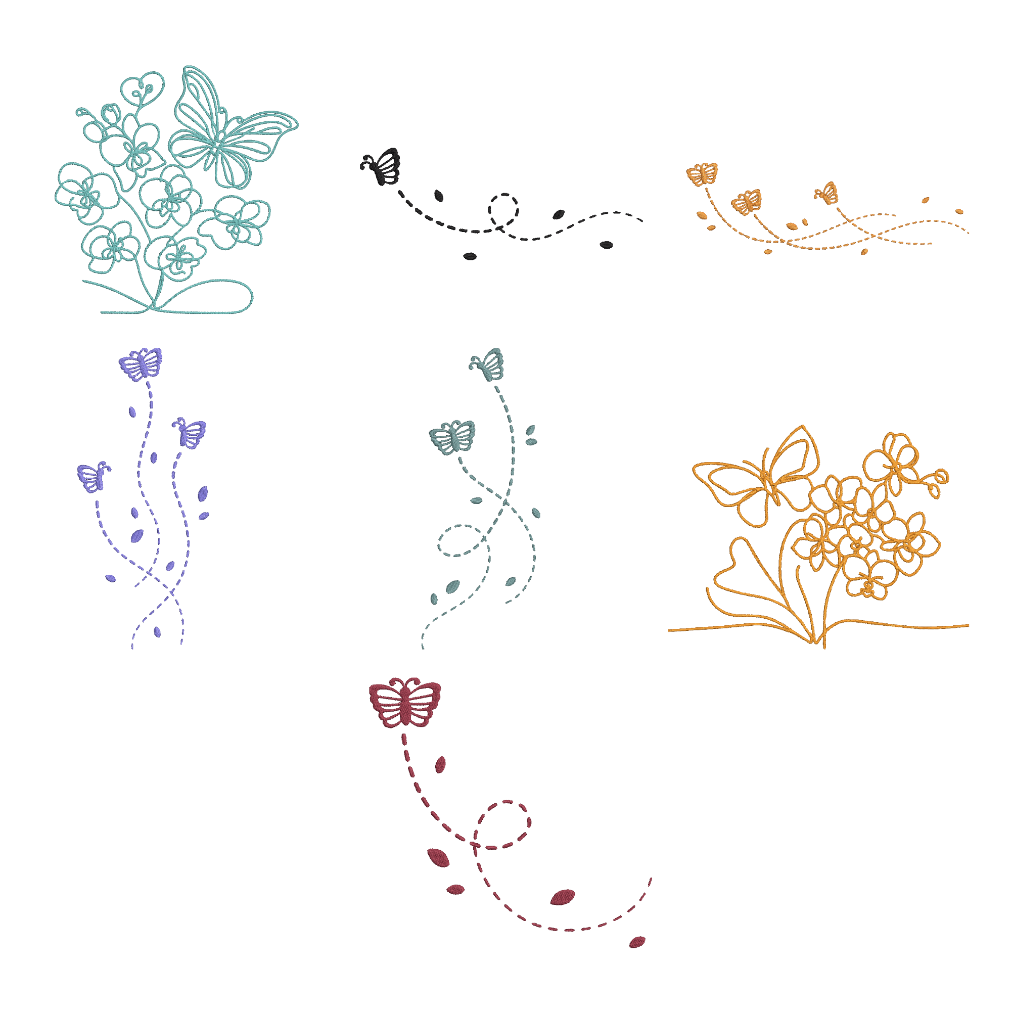 Butterfly Embroidery Design Bundle, Floral Butterfly Line Art Embroidery File