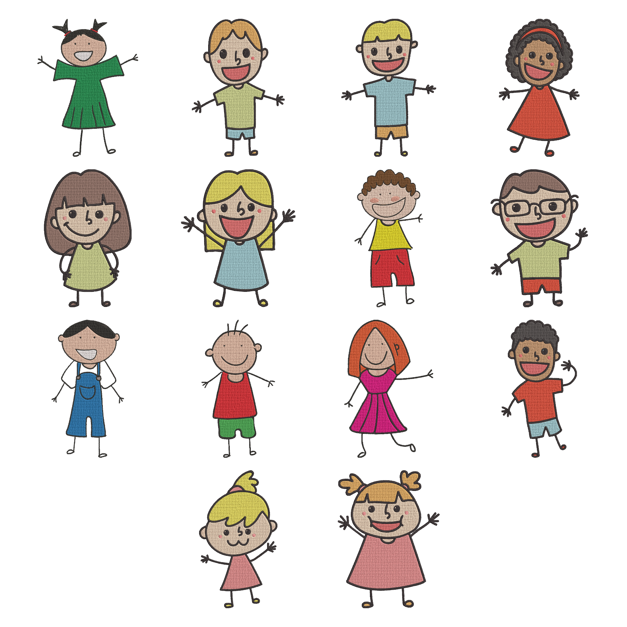 Cartoon Children Embroidery File, Happy Kids Doodle Embroidery, Instant Download