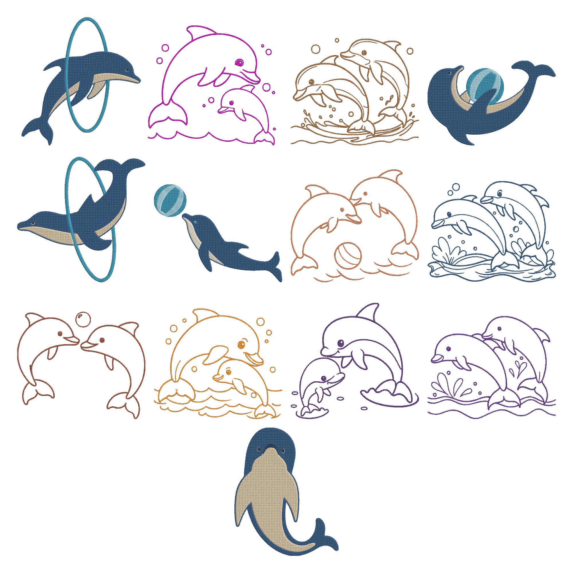 Ocean Dolphin Embroidery Design, Sea Animal Machine Embroidery Files