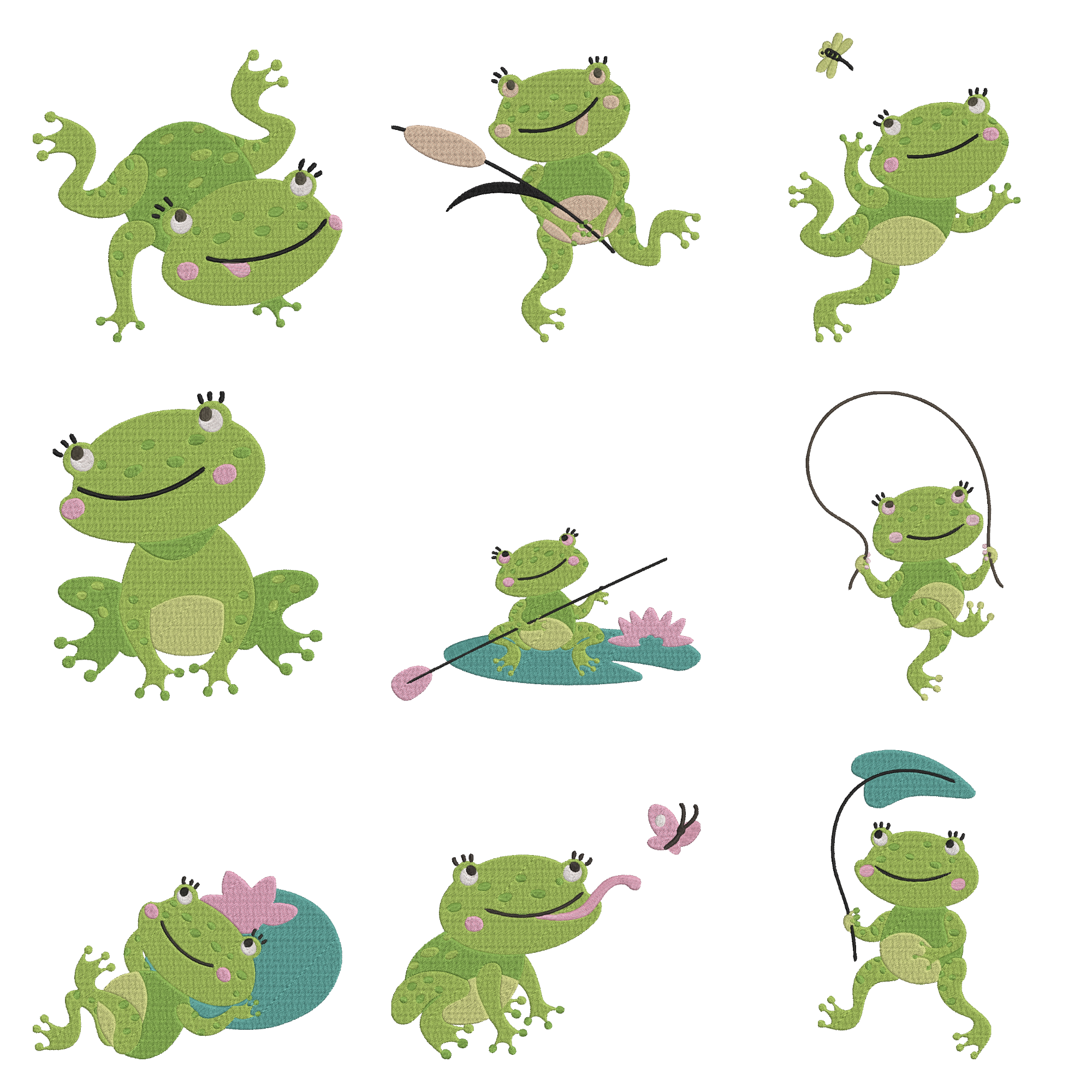 Cute Frog Embroidery Bundle, Kawaii Frog Embroidery Design, Cartoon Frog Machine Embroidery File